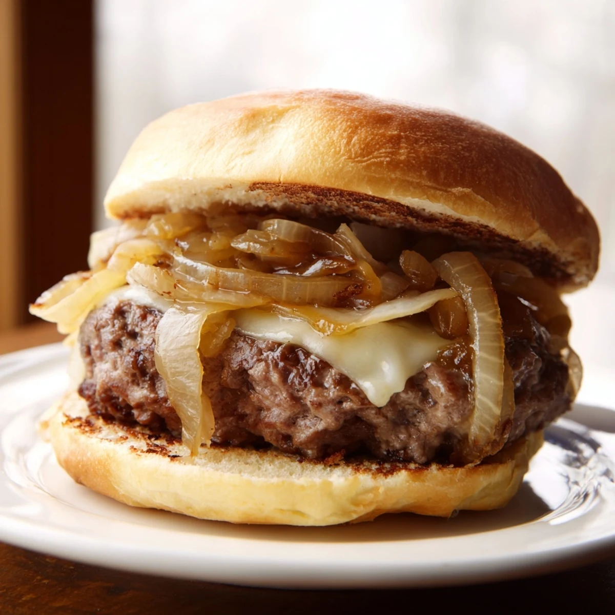 Classic American beef burger with caramelized onions and Swiss cheese, served on a toasted bun with lettuce and tomato on a wooden board.