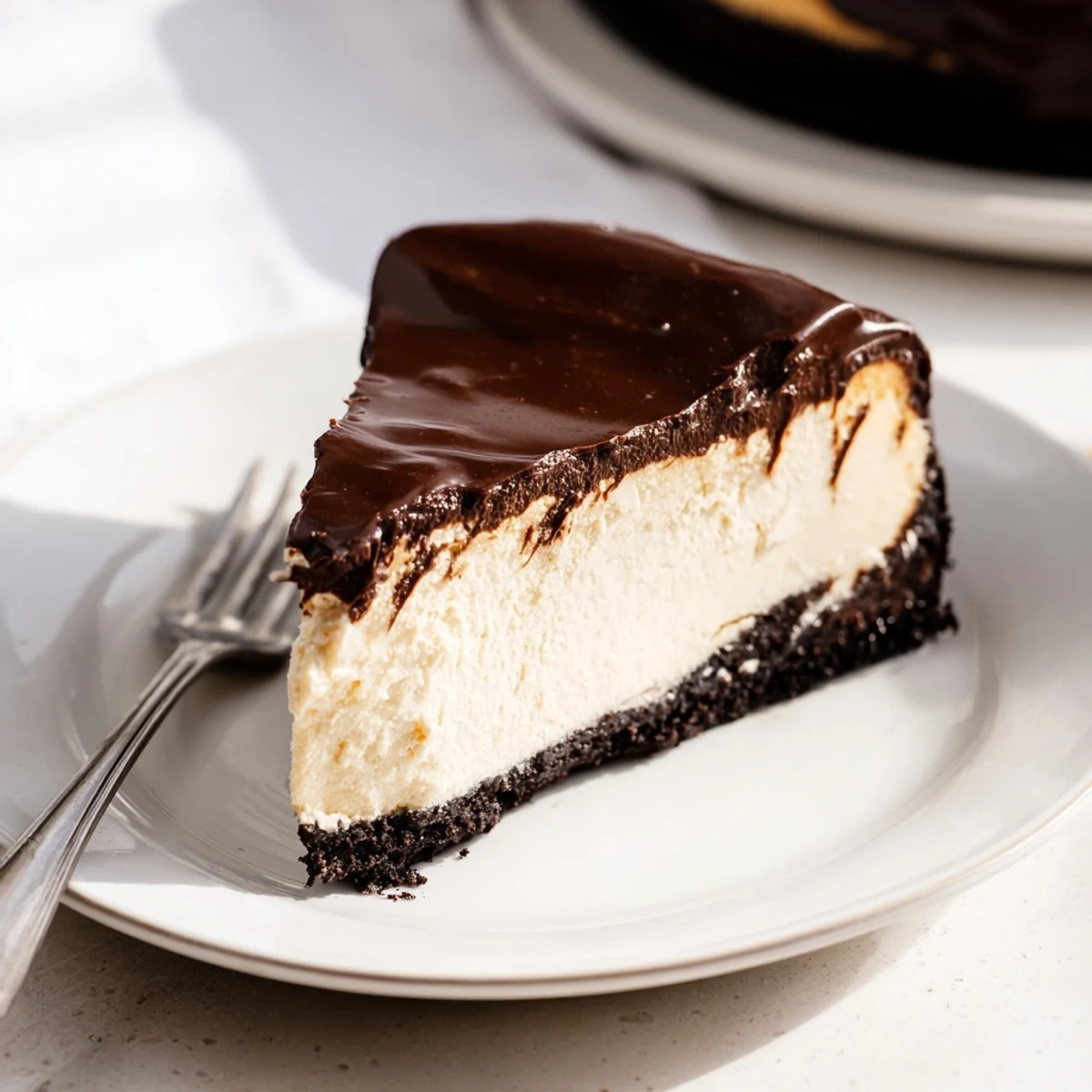 A slice of Irish Cream Cheesecake with Chocolate Ganache on a white plate with a fork.