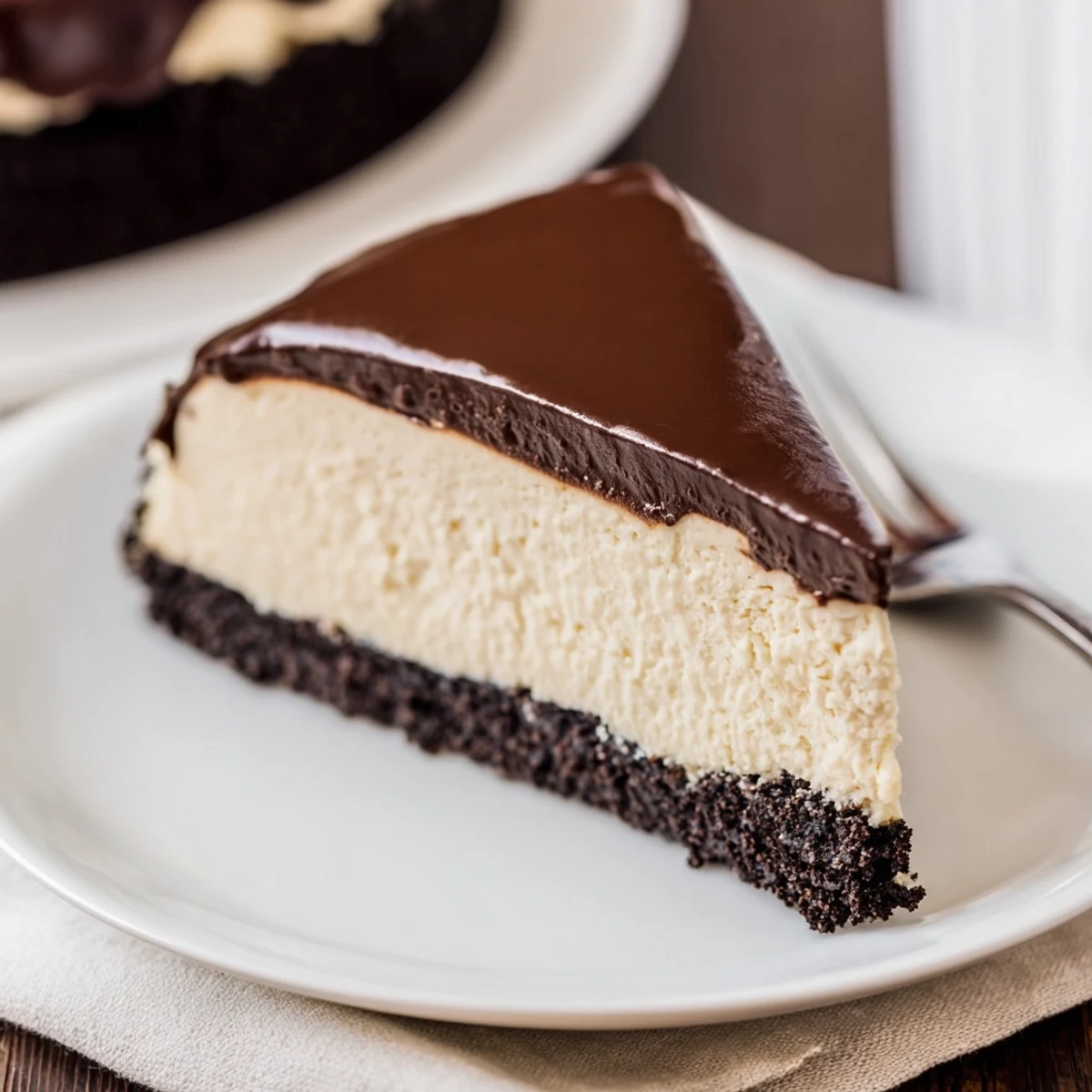 Fresh mint leaves garnish the plated Irish Cream Cheesecake with Chocolate Ganache next to a cup of coffee.