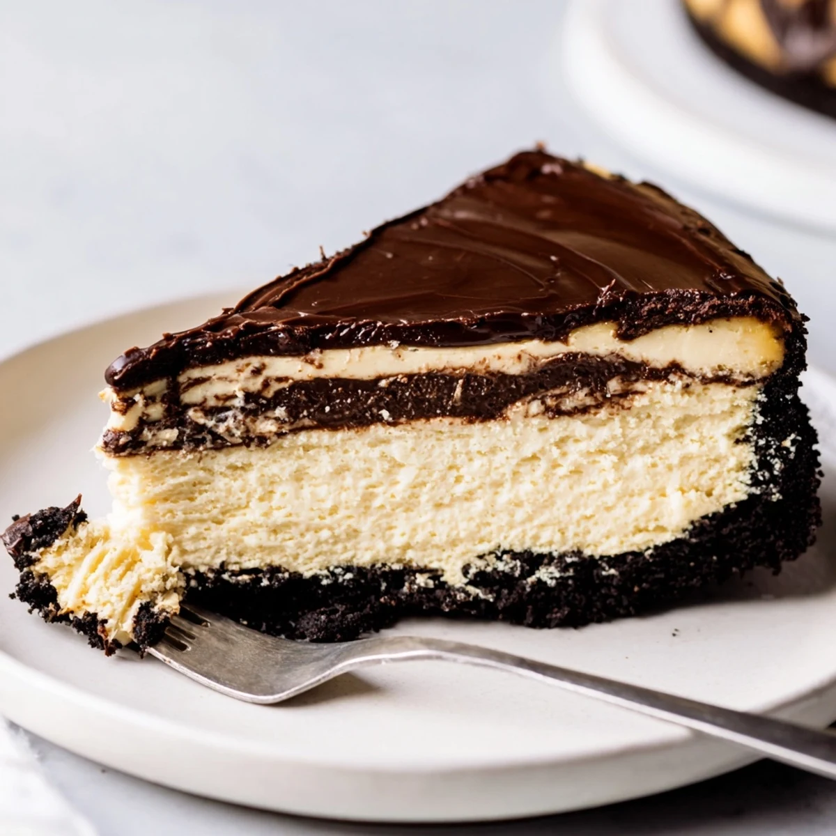 The rich chocolate ganache glaze on this Irish Cream Cheesecake shows a glossy, smooth finish.