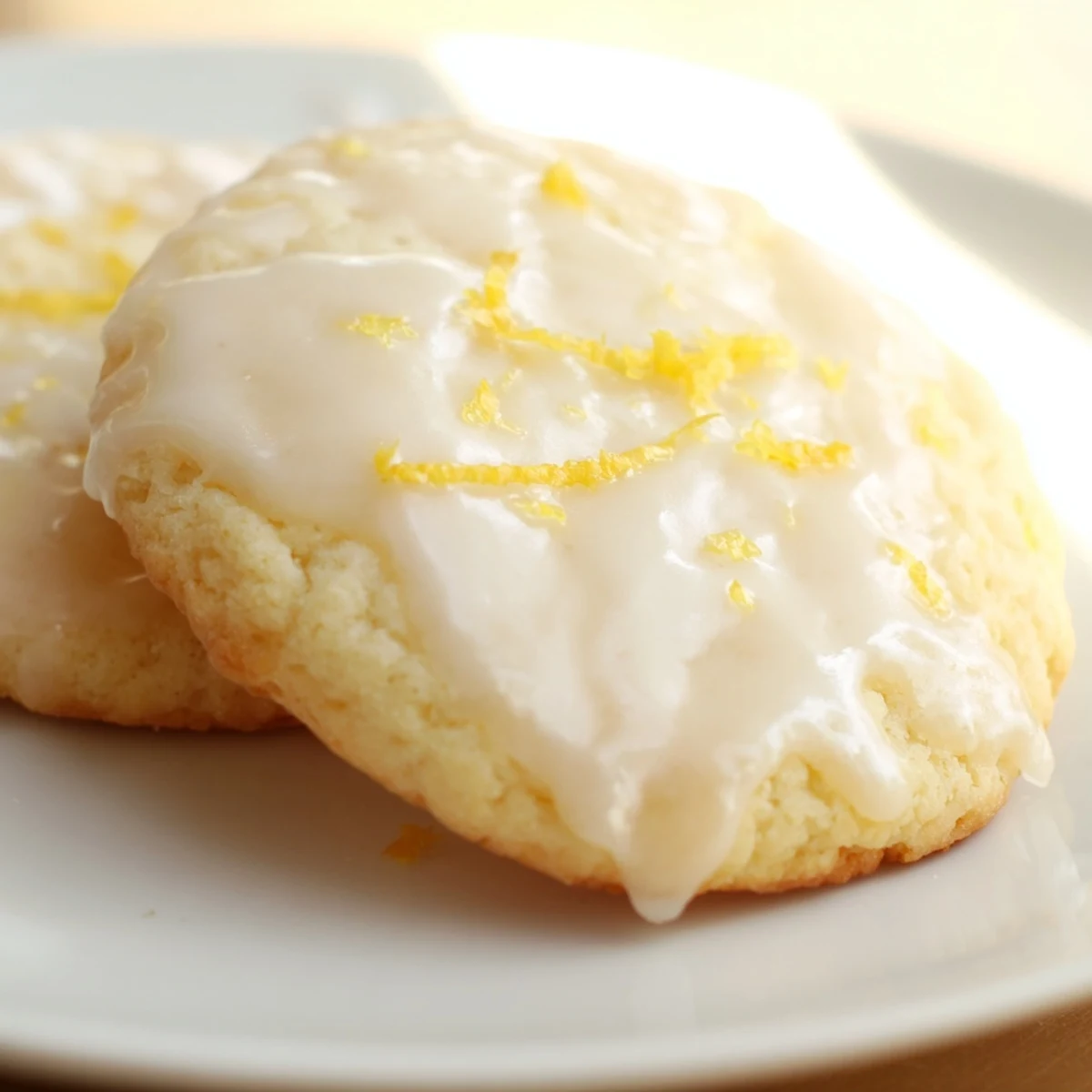 A close-up of Lemon Ricotta Cookies with Lemon Glaze, showing their soft, pillowy texture and bright citrus drizzle.