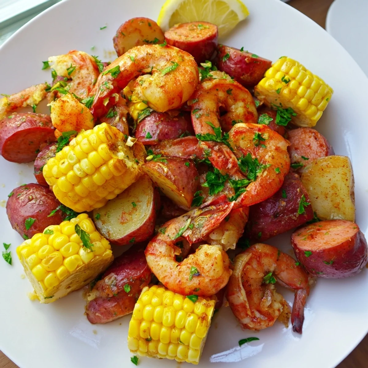A close-up of the Cajun Shrimp Boil with Corn and Potatoes, featuring plump pink shrimp and golden corn on a rustic platter.