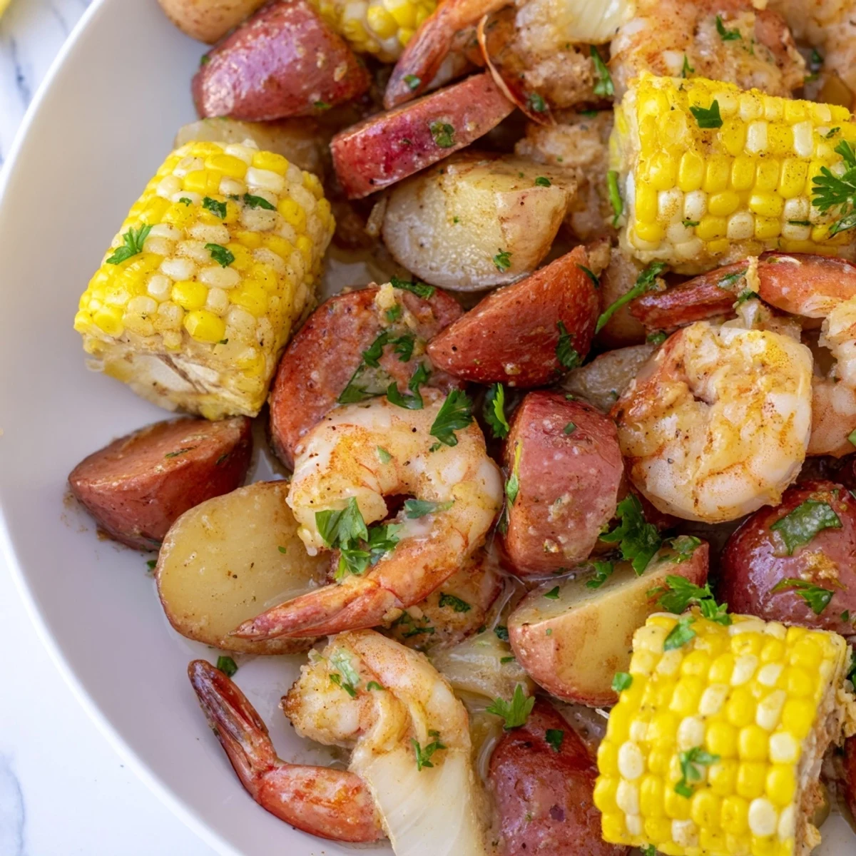 Steam rises from a hearty Cajun Shrimp Boil with Corn and Potatoes, with sausage and potatoes nestled on newspaper for serving.