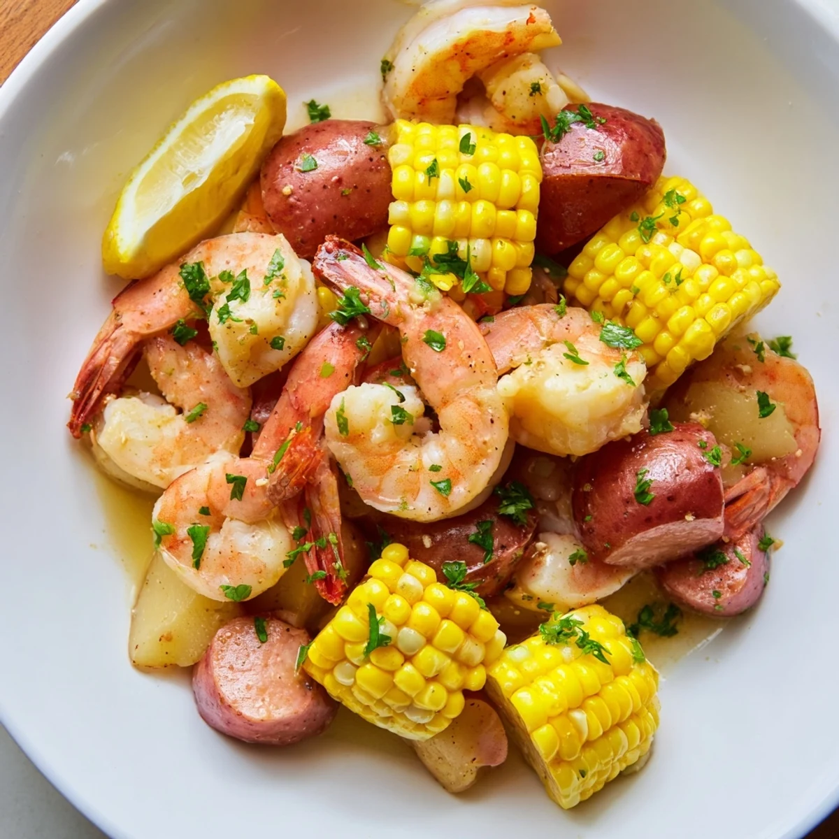 A vibrant Cajun Shrimp Boil with Corn and Potatoes includes zesty lemon wedges, melted butter, and fresh parsley garnish.
