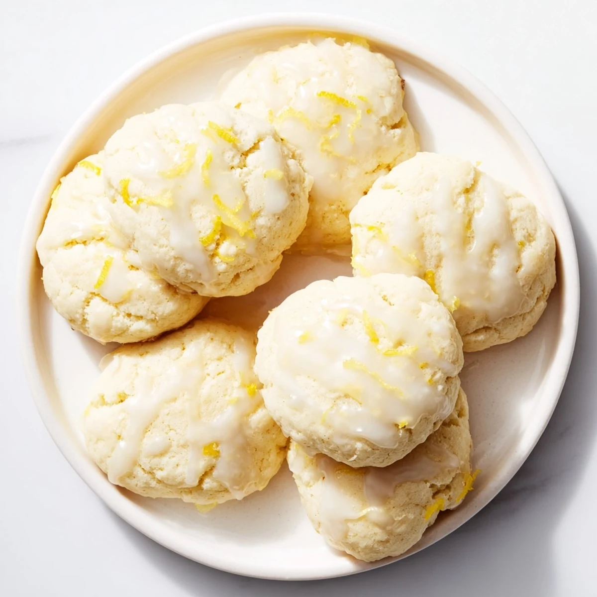 A batch of soft Lemon Ricotta Cookies with lemon glaze, placed on a marble countertop next to a steaming cup of Earl Grey tea.