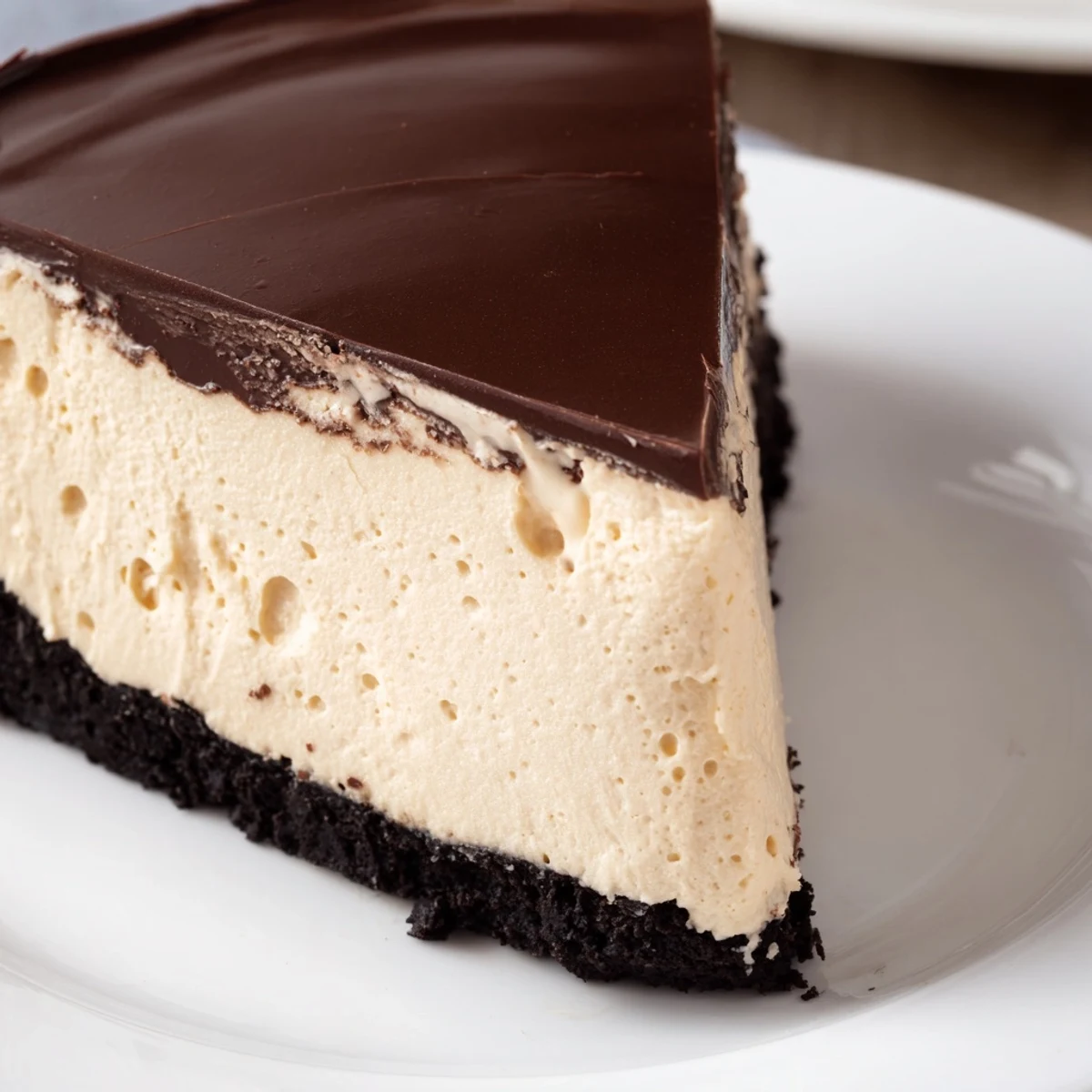 A slice of Irish Cream Cheesecake with Chocolate Ganache sits on a white plate, garnished with chocolate shavings.