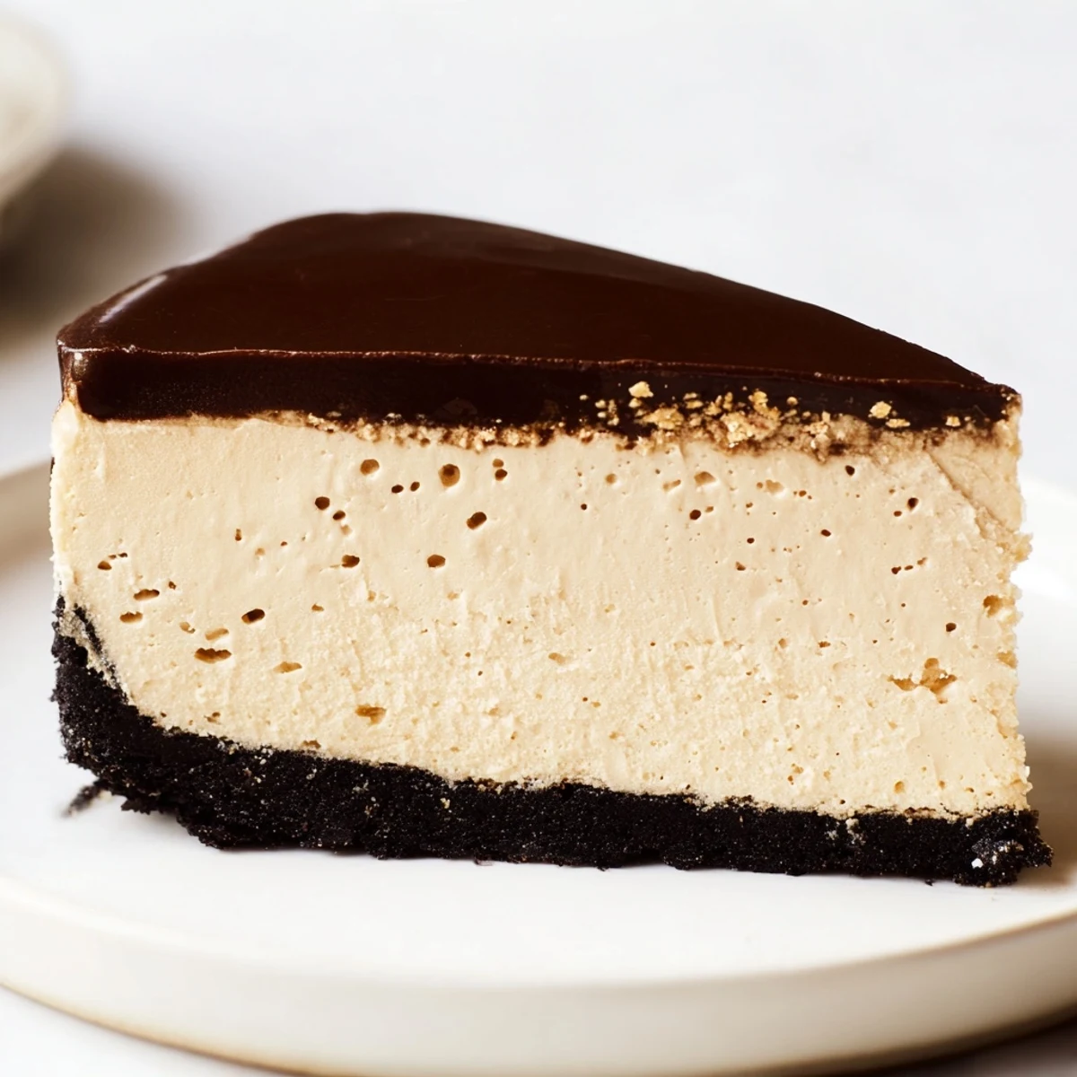 A close-up of Irish Cream Cheesecake with Chocolate Ganache shows creamy layers and a dense, rich chocolate topping.