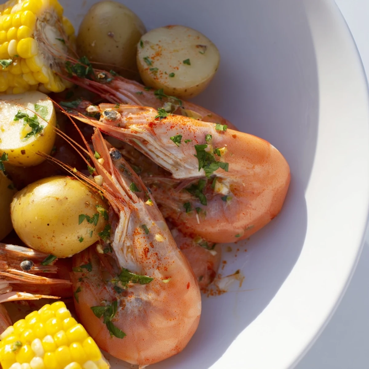 Platter of Cajun Shrimp Boil with corn and potatoes, garnished with fresh parsley.