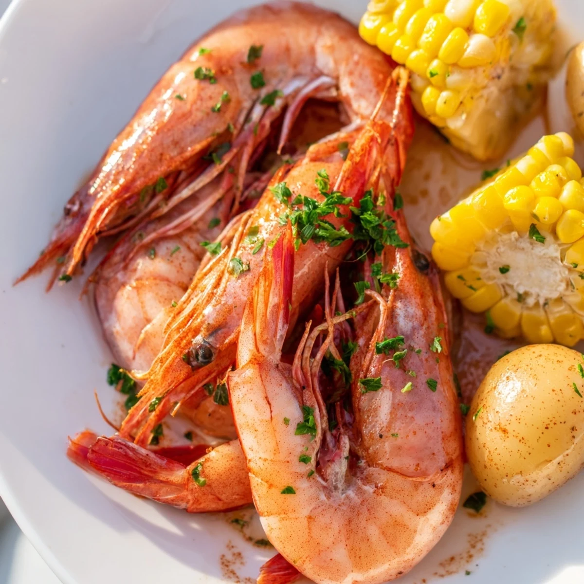 Family-style Cajun Shrimp Boil with corn and potatoes served with lemon wedges.