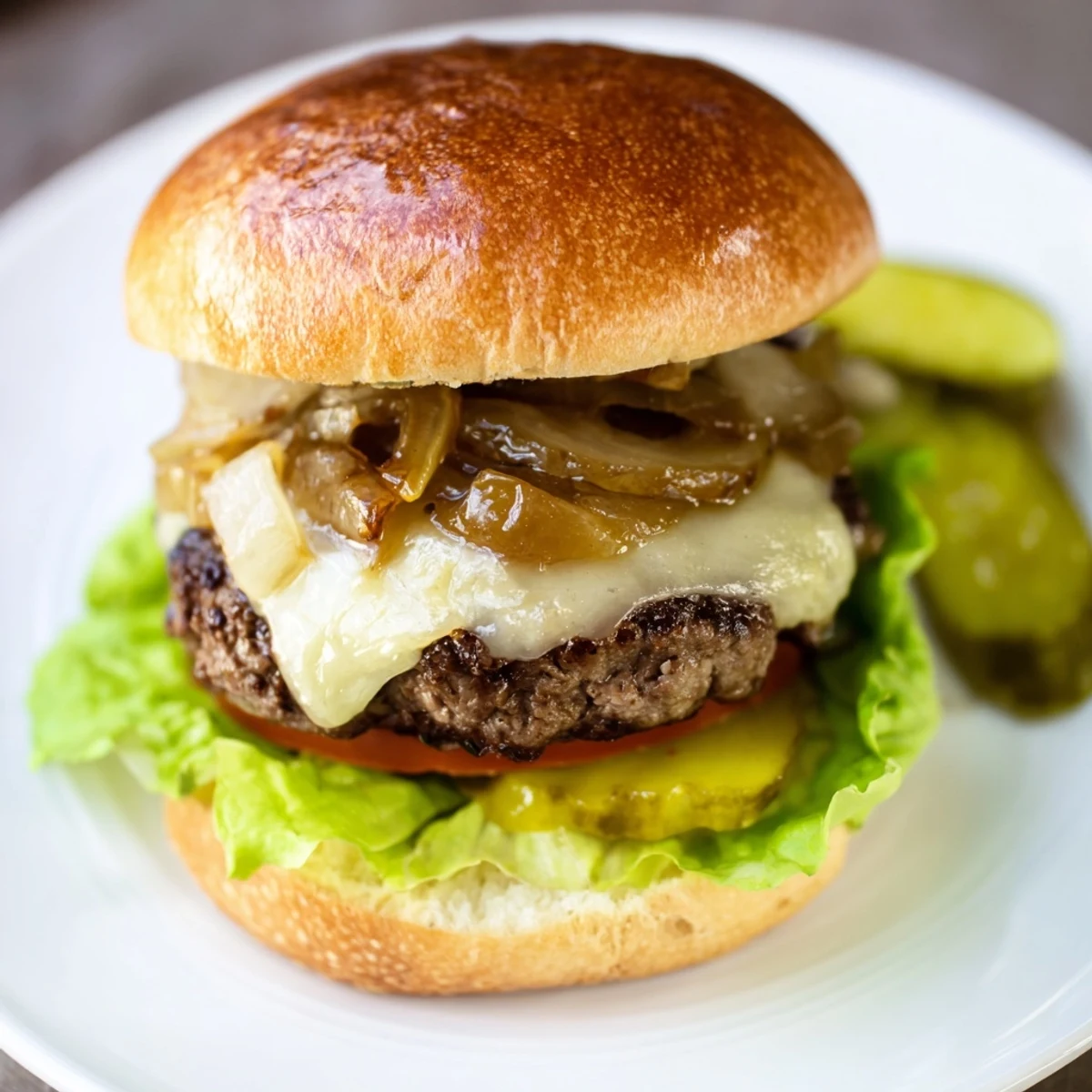 A close-up of a juicy Beef Burger with Caramelized Onions and Swiss on a toasted brioche bun.
