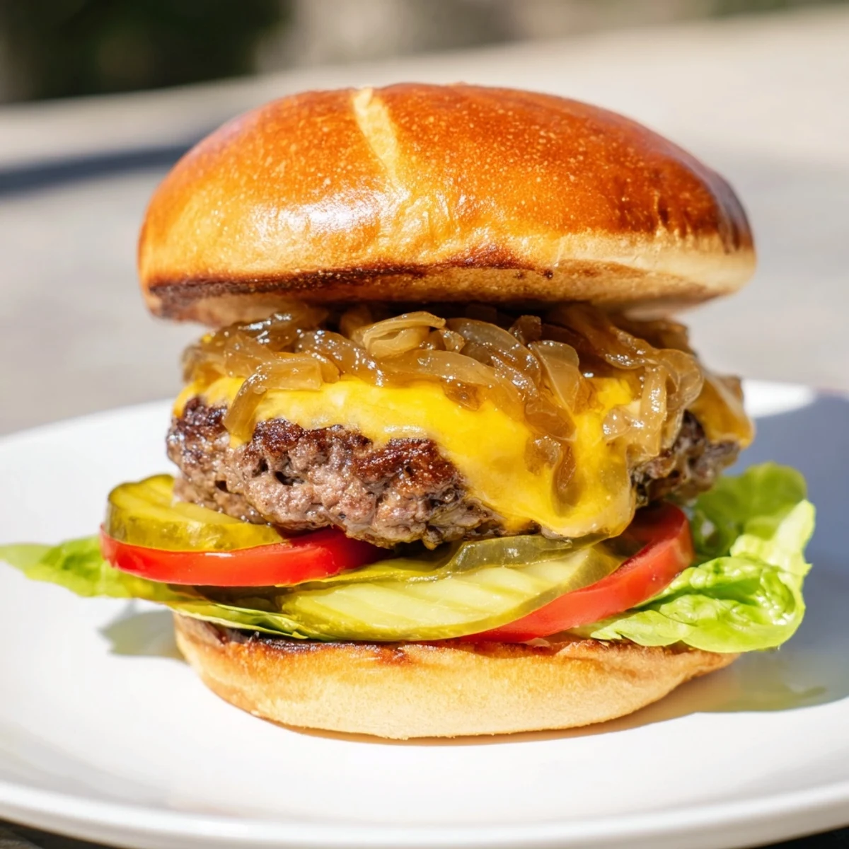 The caramelized onions glisten on top of a golden Beef Burger with Caramelized Onions and Swiss.