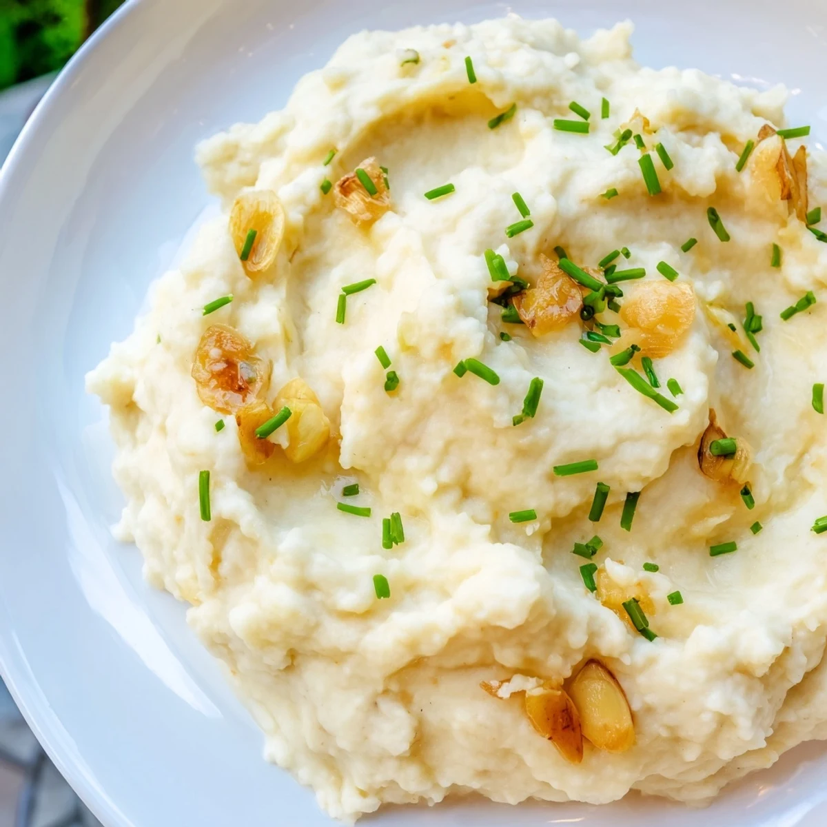 Creamy roasted garlic mashed cauliflower with chives served warm in a rustic bowl.