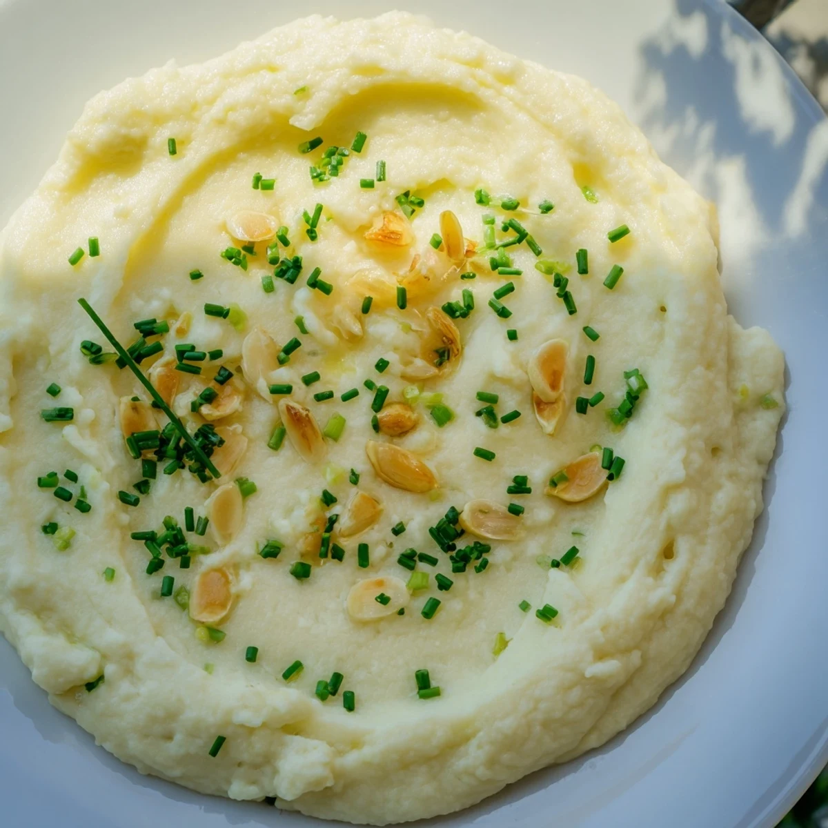 Garlic mashed cauliflower with chives recipe plated next to a golden roasted garlic bulb.