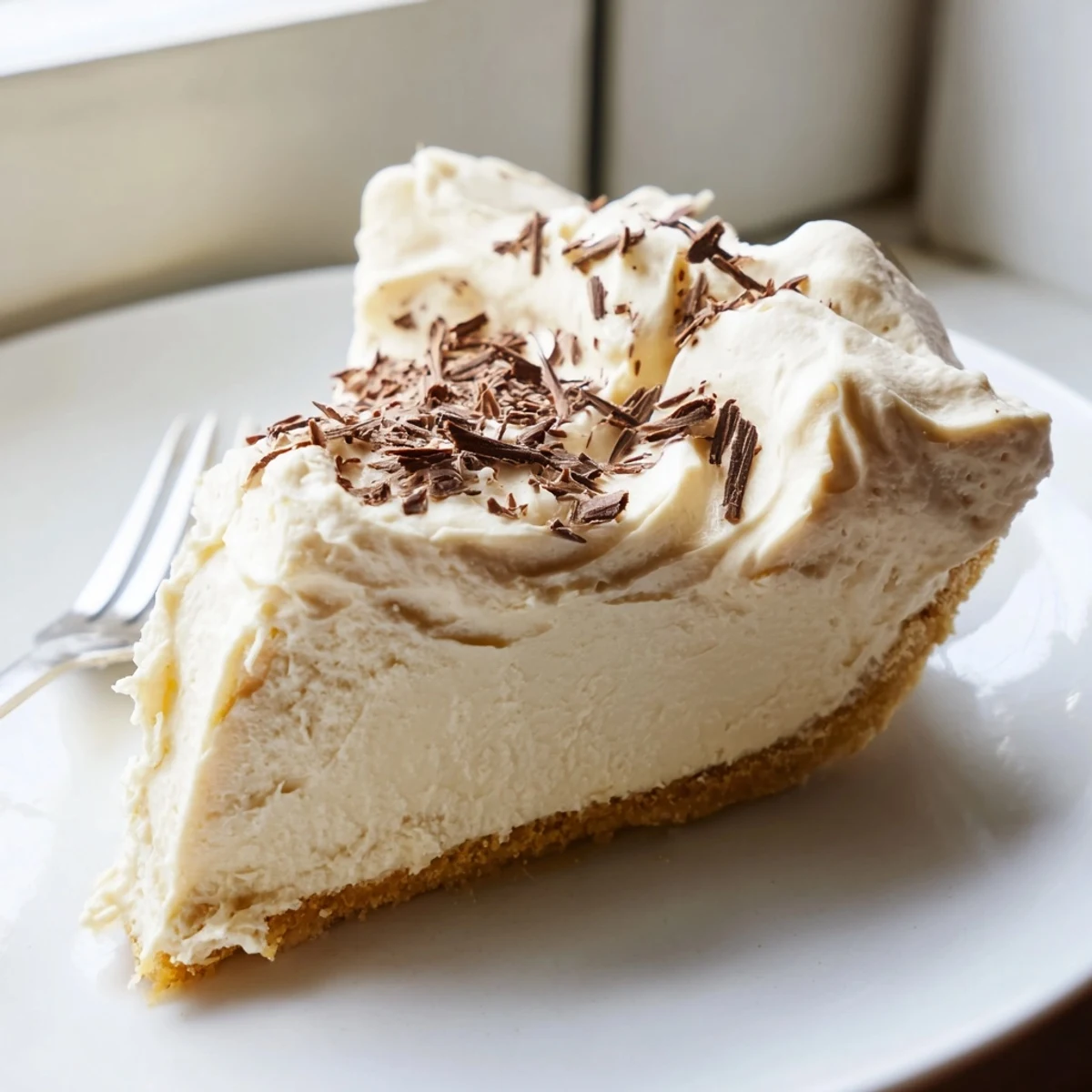 A whole Irish Cream Cheesecake garnished with chocolate curls and a slice being served at a cozy dinner party.
