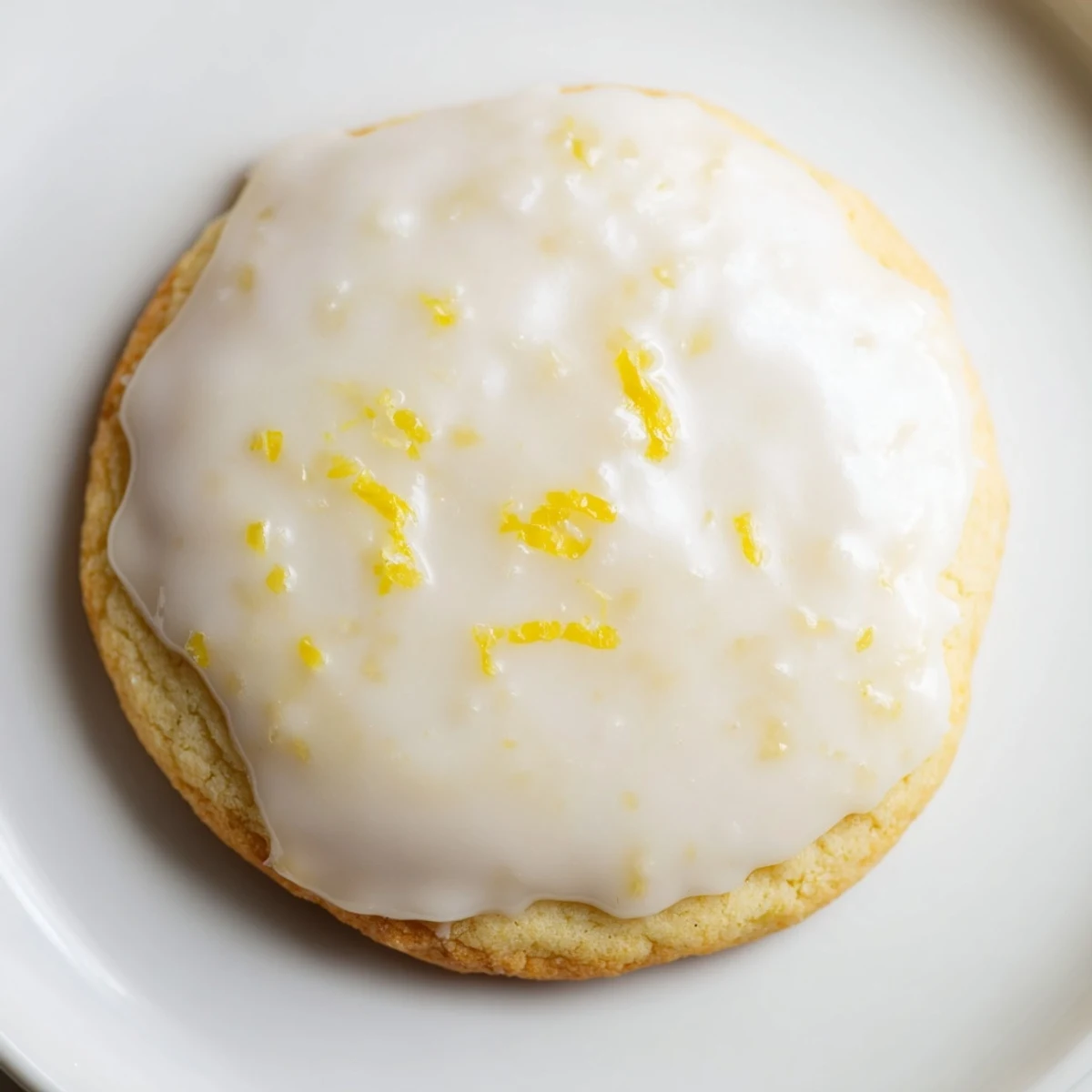 Four glazed Lemon Ricotta Cookies with Glaze are arranged with lemon slices on a rustic wooden board.
