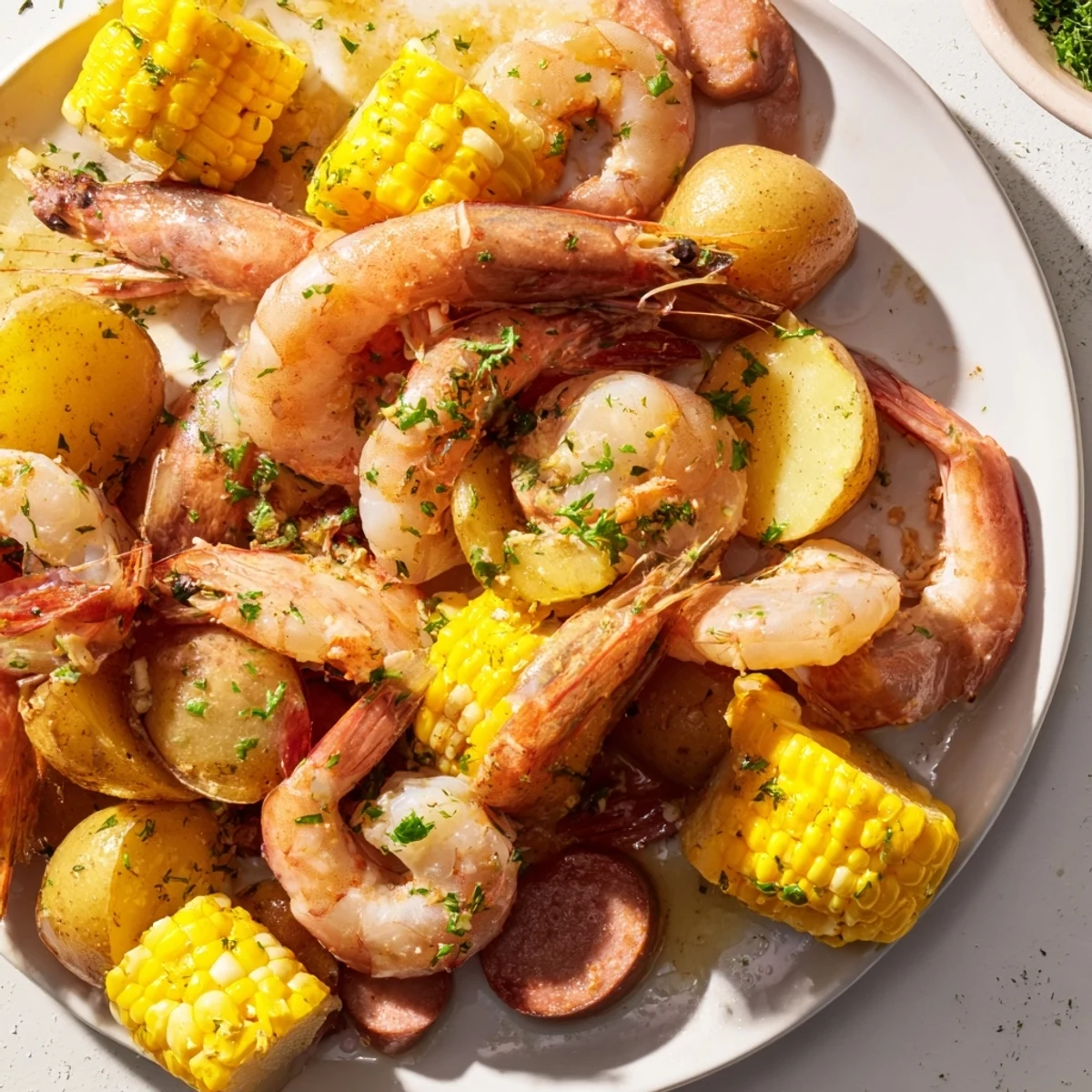 A steaming platter of Cajun Shrimp Boil with Corn and Potatoes featuring shrimp, corn, potatoes, and Andouille sausage ready to share.