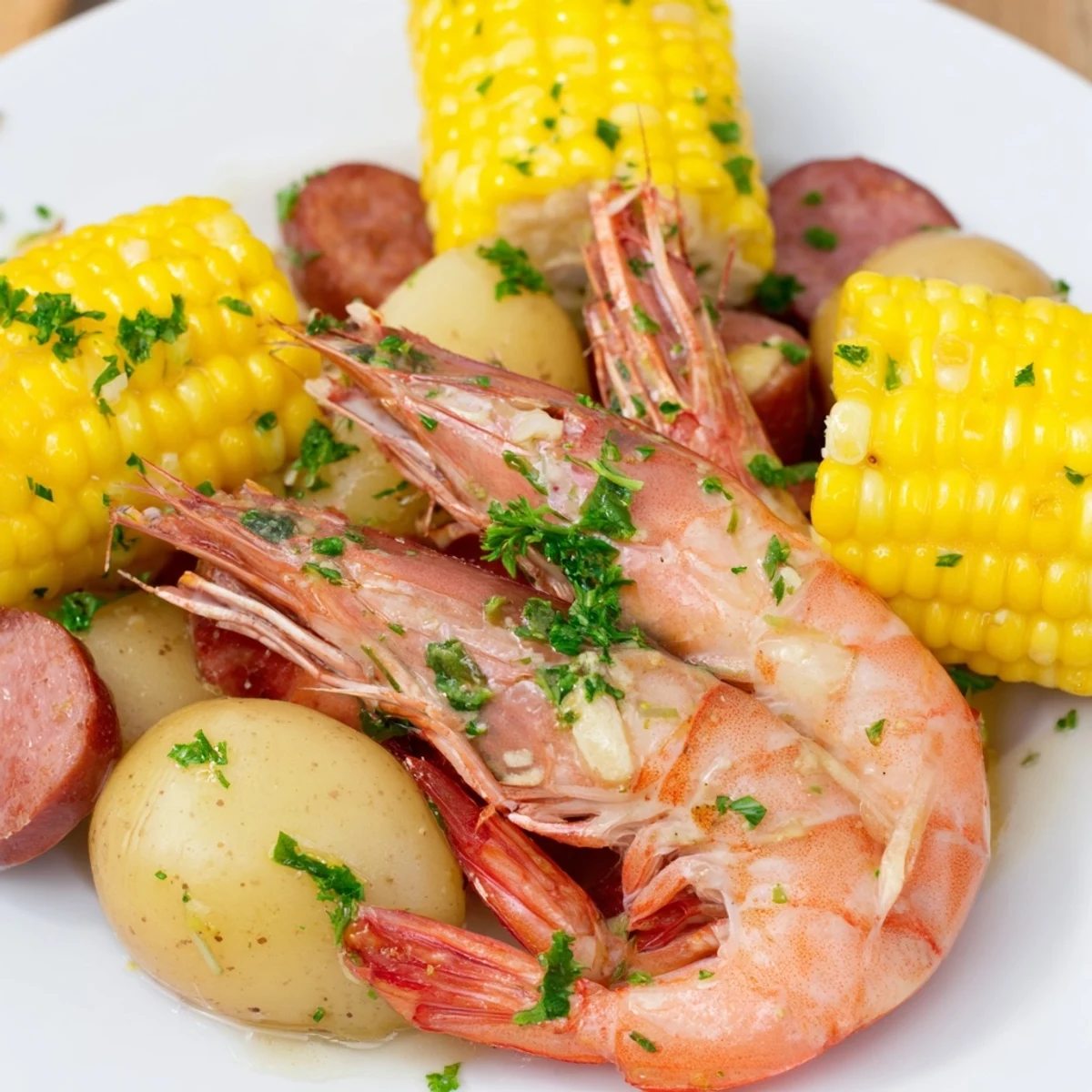 A close-up of a Cajun Shrimp Boil with Corn and Potatoes on a rustic table, steaming with spices and lemon slices.