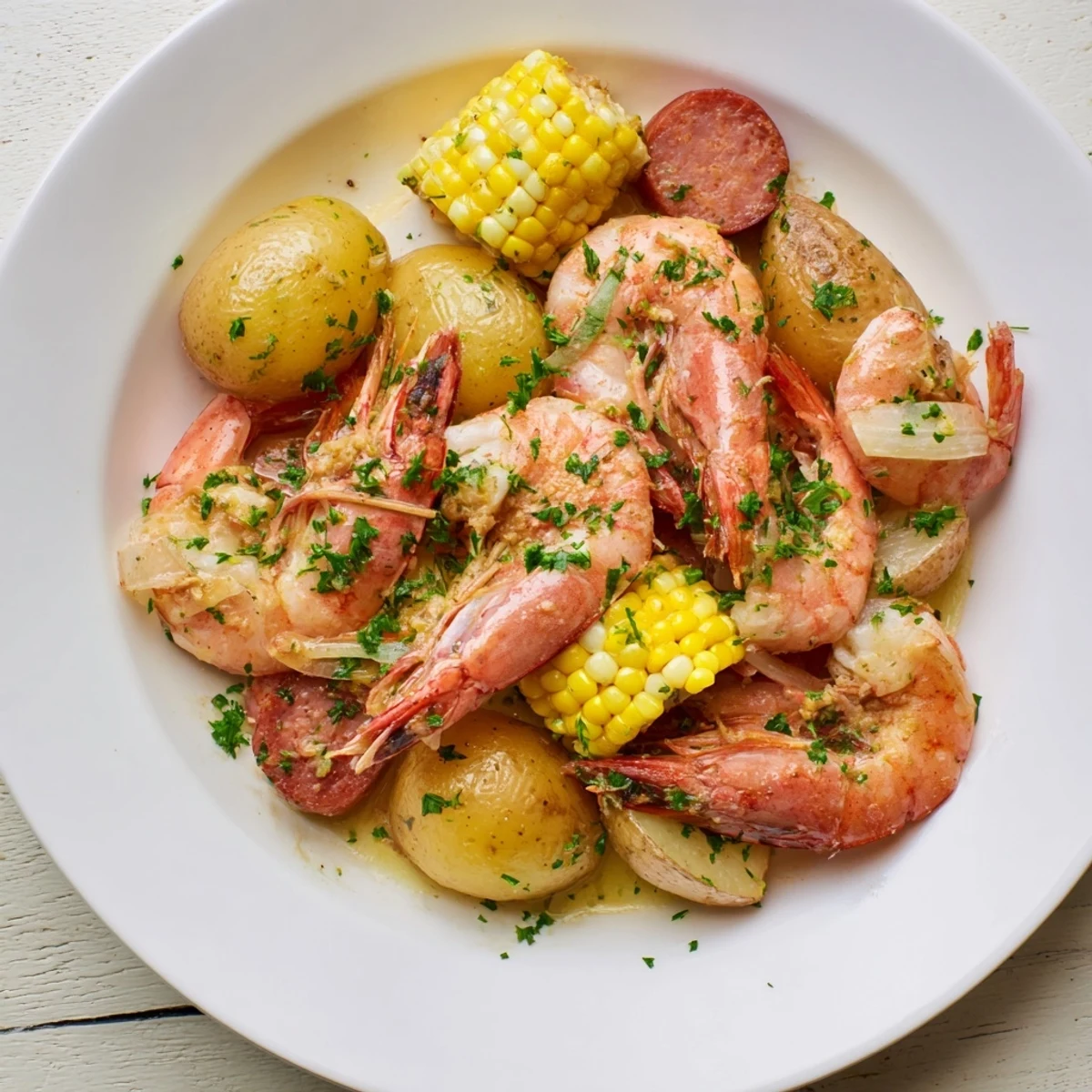 Cajun Shrimp Boil with Corn and Potatoes served family-style with melted butter, parsley, and lemon wedges on newspaper.