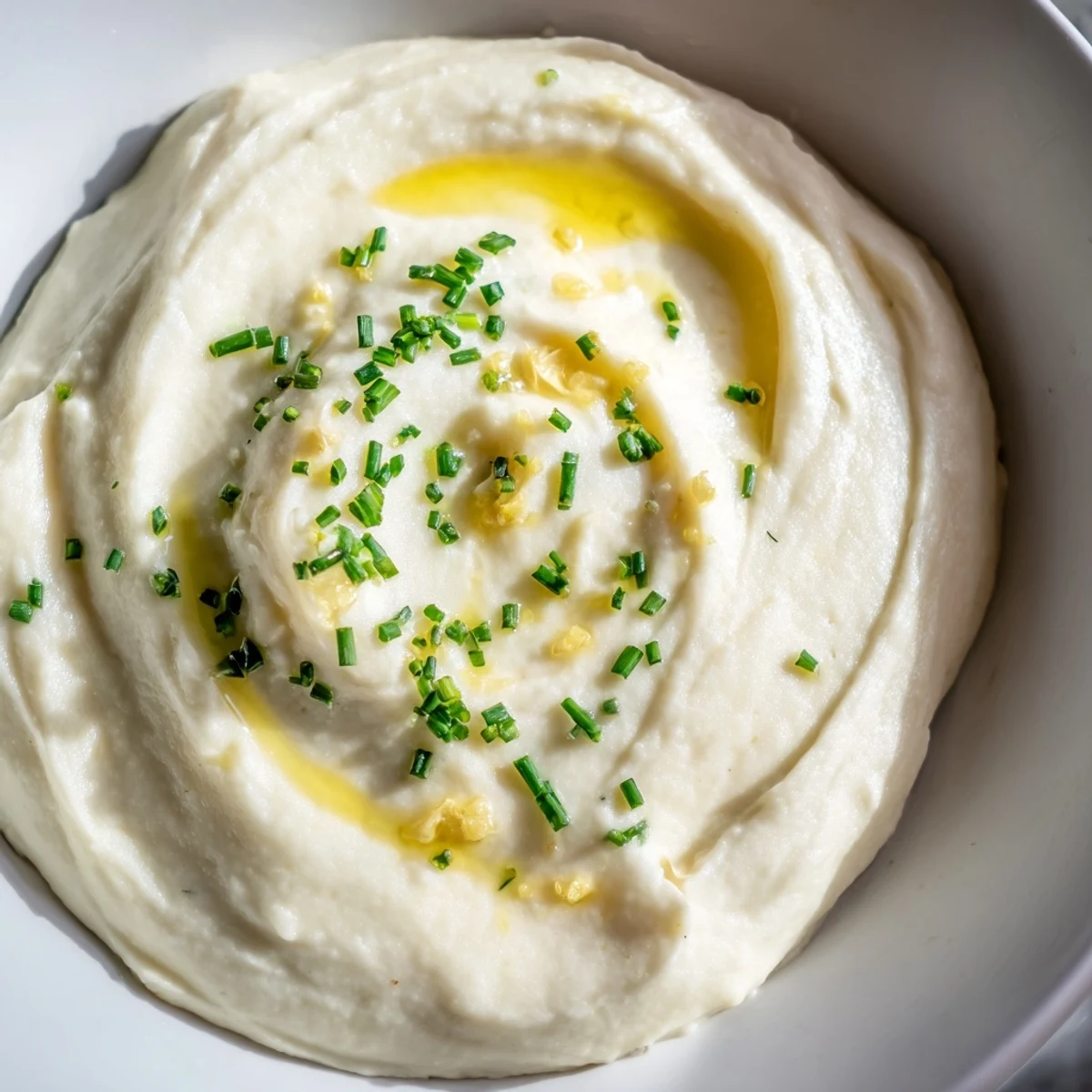 Steamed cauliflower florets and roasted garlic cloves blended with butter for a creamy Roasted Garlic Mashed Cauliflower side dish.