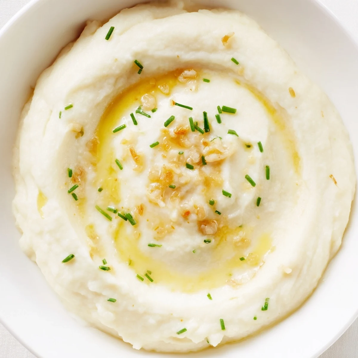 Roasted Garlic Mashed Cauliflower served in a rustic bowl garnished with fresh green chives, a perfect low-carb dinner side.