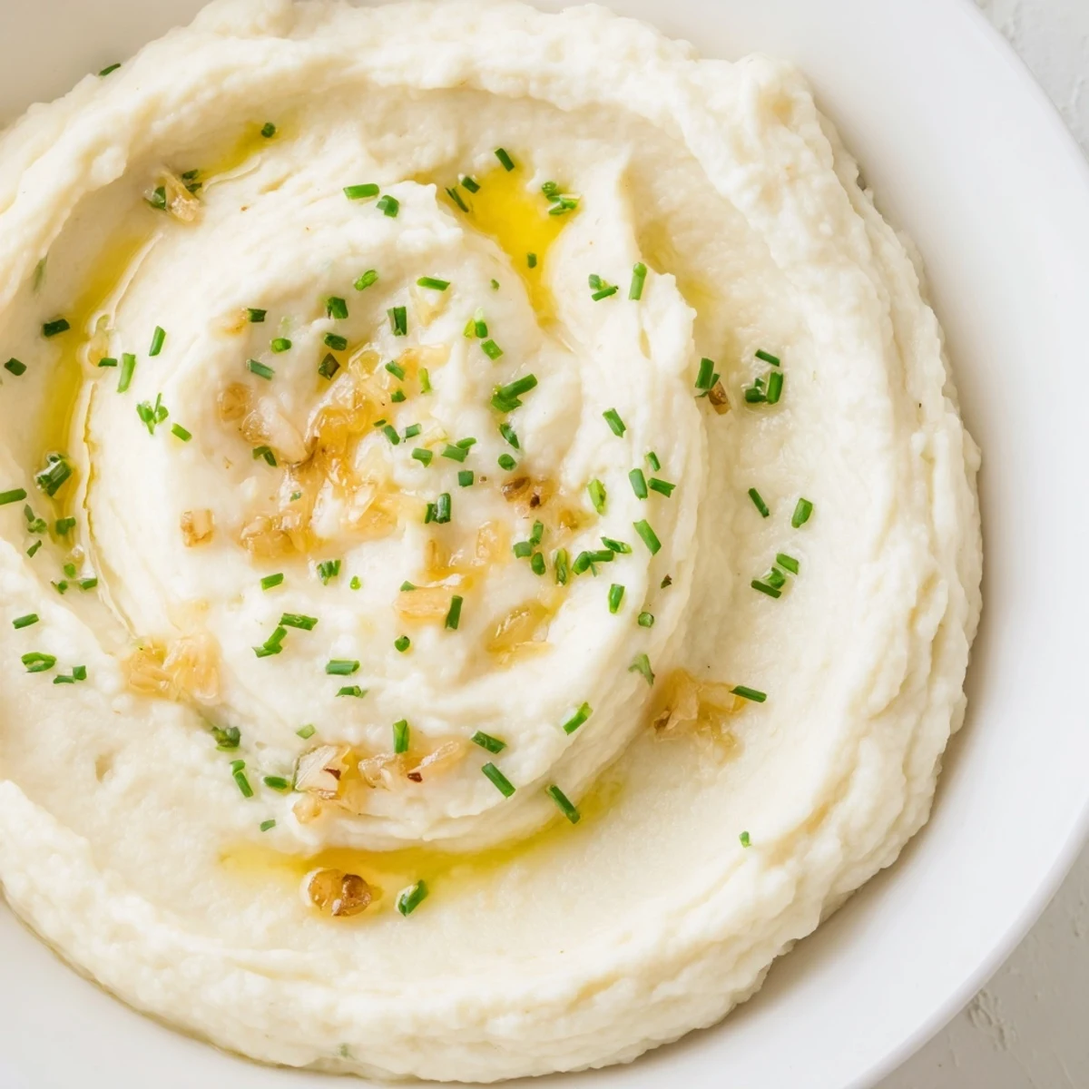 Golden roasted garlic and creamy mashed cauliflower in a white bowl, showcasing a savory and healthy low-carb side dish.