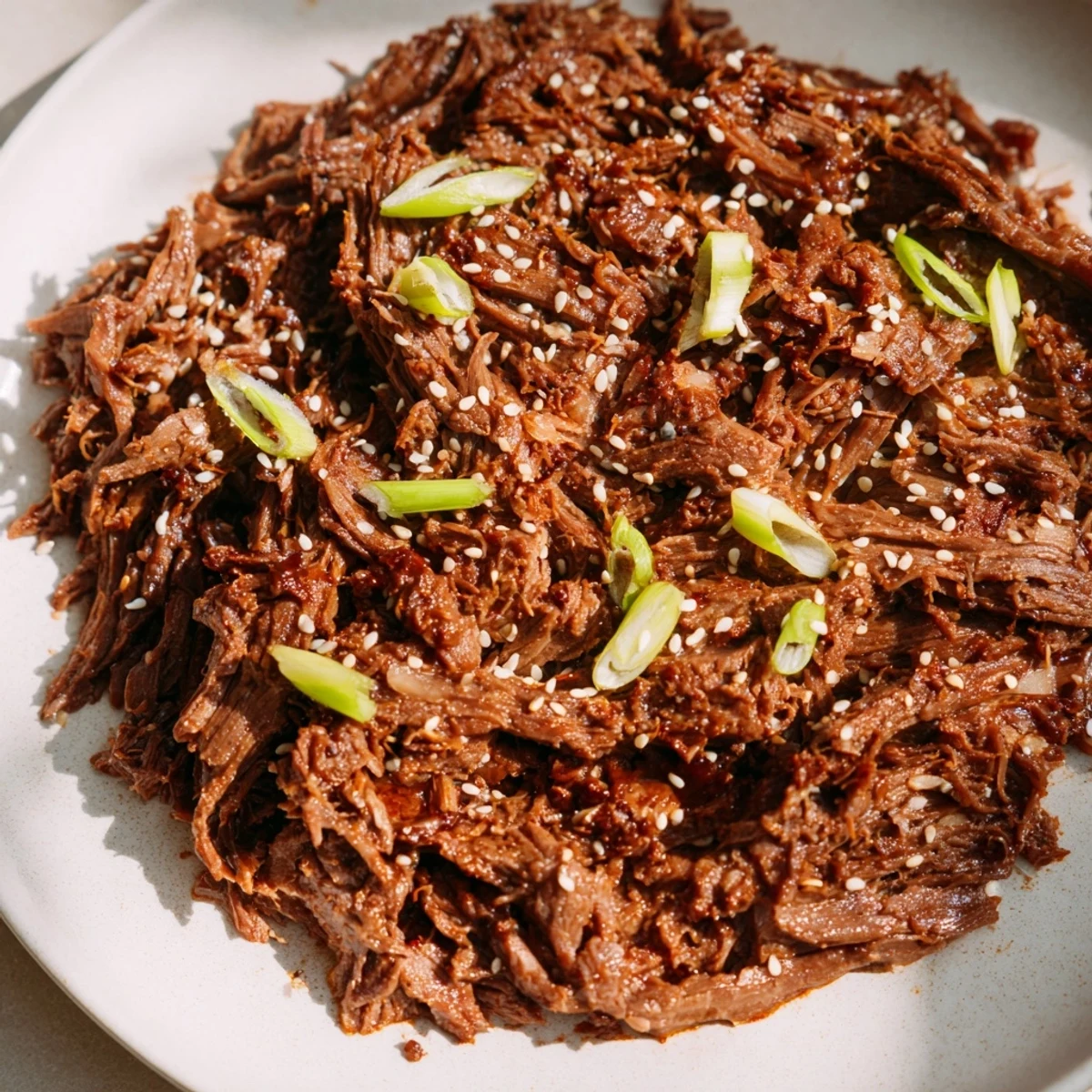 Tender, shredded Korean beef from the slow cooker served in crisp lettuce wraps with a spicy gochujang glaze.
