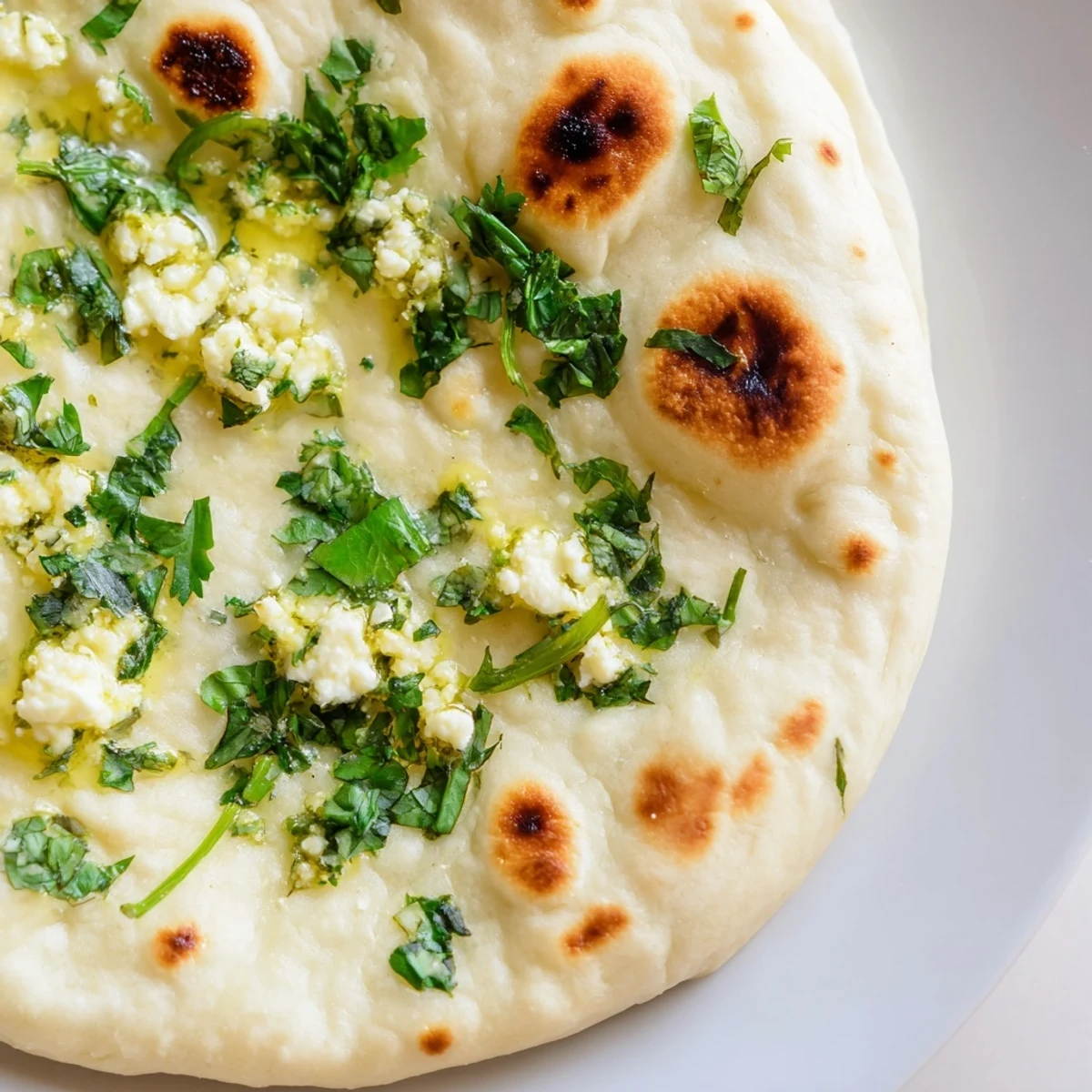 Homemade Cottage Cheese Garlic Naan brushed with garlic-cilantro butter, steaming on a plate, paired with a bowl of flavorful Indian curry for dinner.