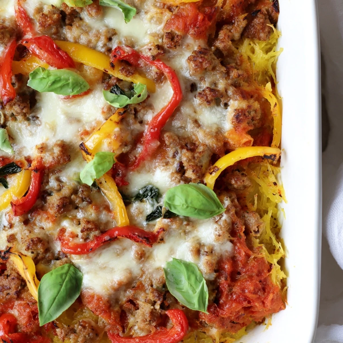 Golden-brown Sausage and Peppers Spaghetti Squash Casserole bubbling in a baking dish with fresh basil garnish.