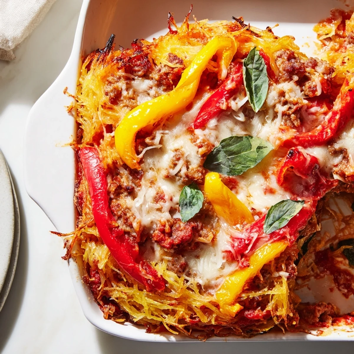 Hearty Sausage and Peppers Spaghetti Squash Casserole served on a white plate next to a green salad.