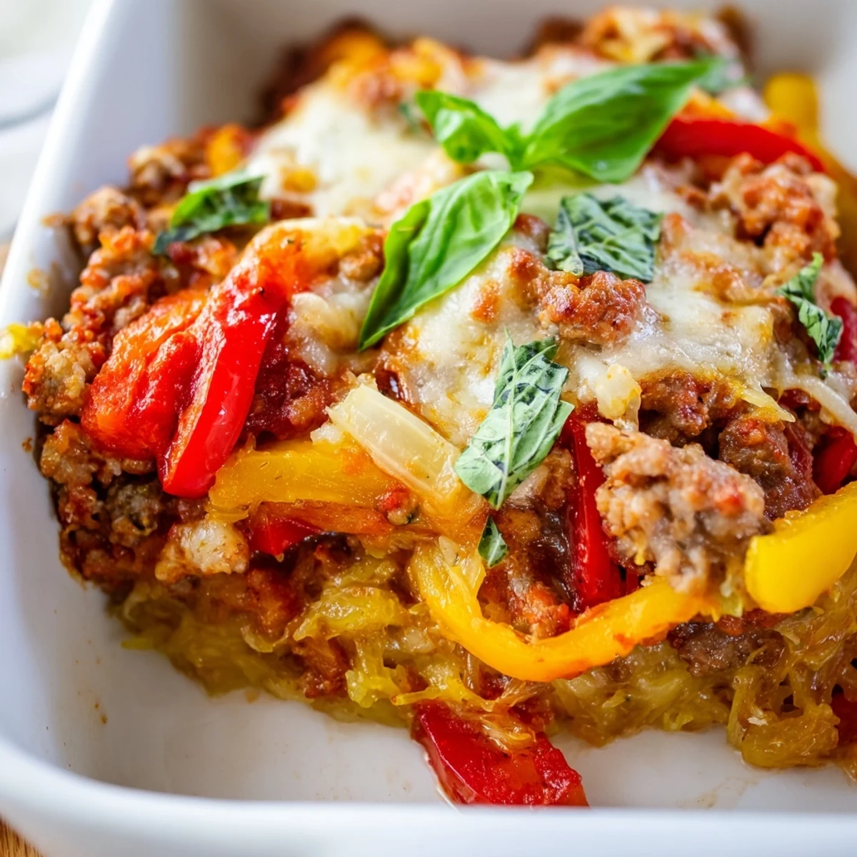 Close-up of Sausage and Peppers Spaghetti Squash Casserole showing melted mozzarella and roasted peppers on top.