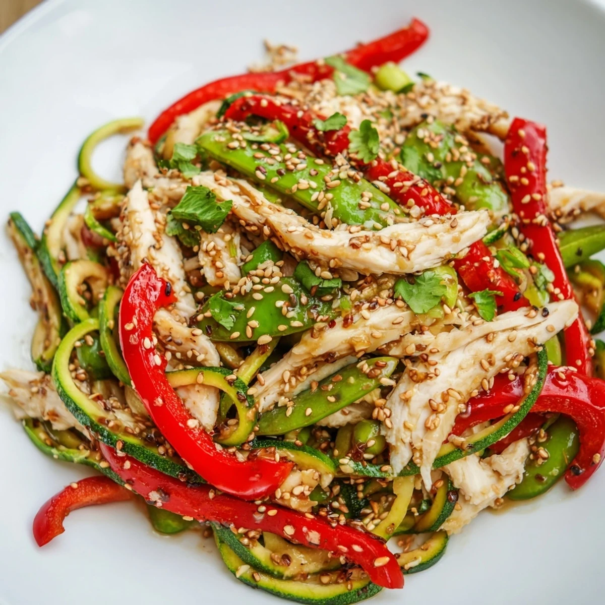 Tender chicken, crisp zucchini noodles, and red bell peppers tossed in a savory garlic sauce in this Garlic Chicken Zucchini Noodles Stir Fry.