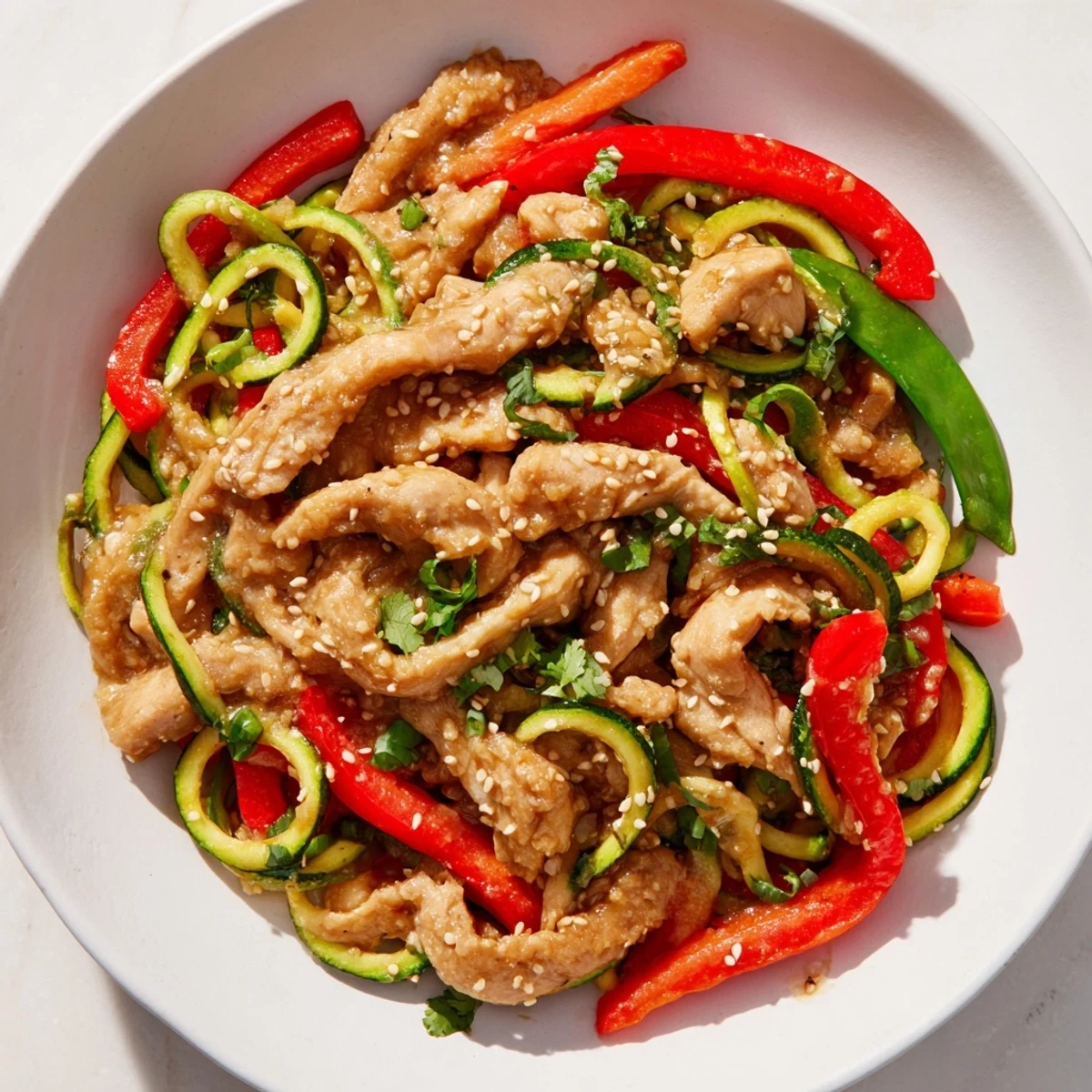 A close-up of Garlic Chicken Zucchini Noodles Stir Fry, garnished with sesame seeds and cilantro, served warm in a white bowl.