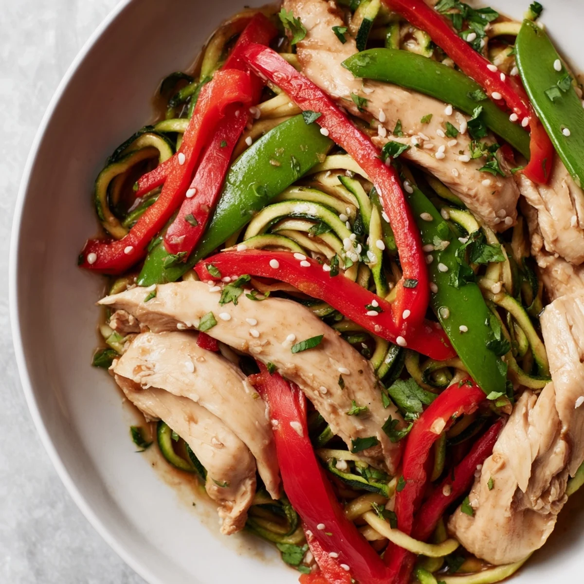 An easy, healthy Garlic Chicken Zucchini Noodles Stir Fry with snap peas and green onions, perfect for a quick weeknight dinner.