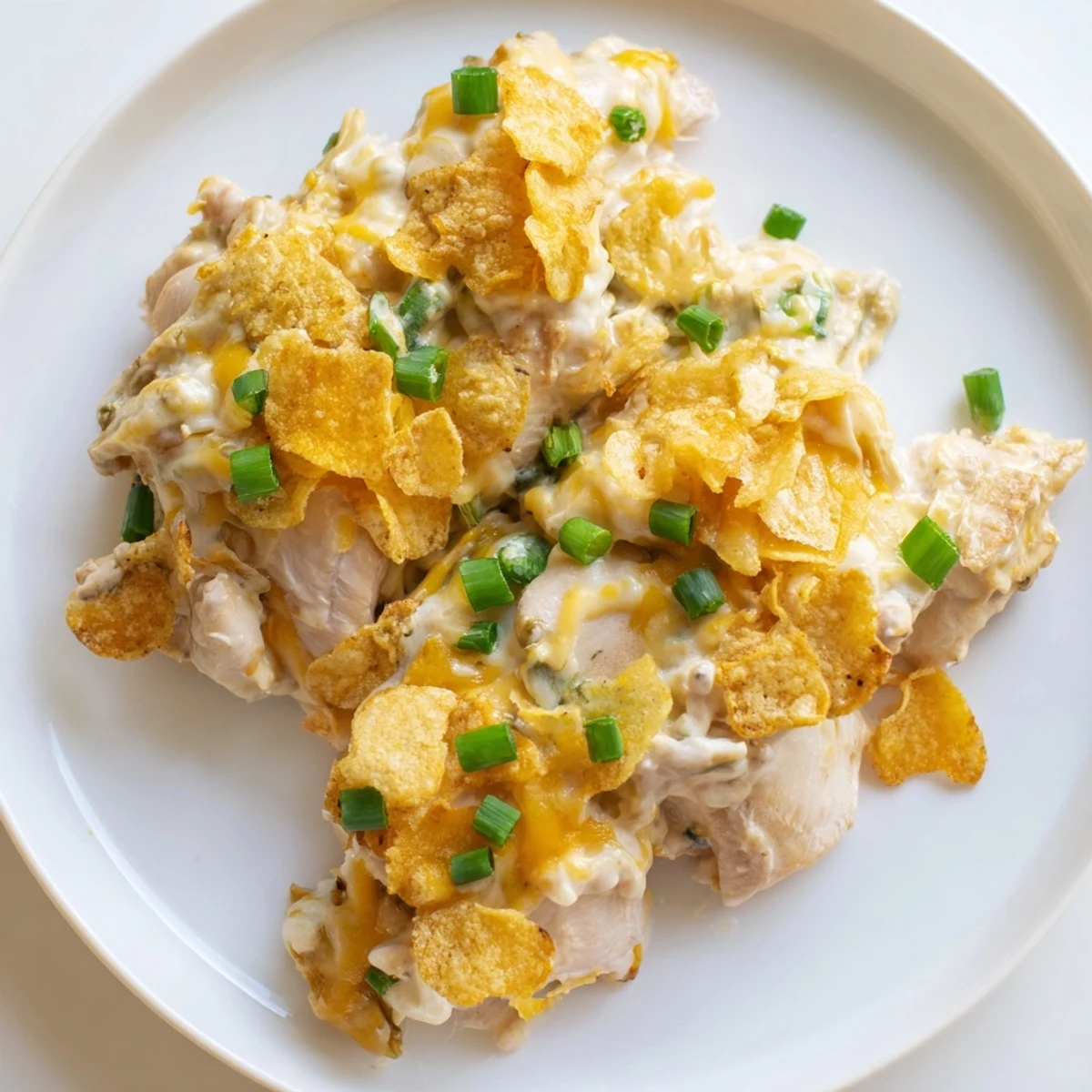Juicy Sour Cream and Onion Chicken, garnished with fresh green onions, rests in a white baking dish after baking.