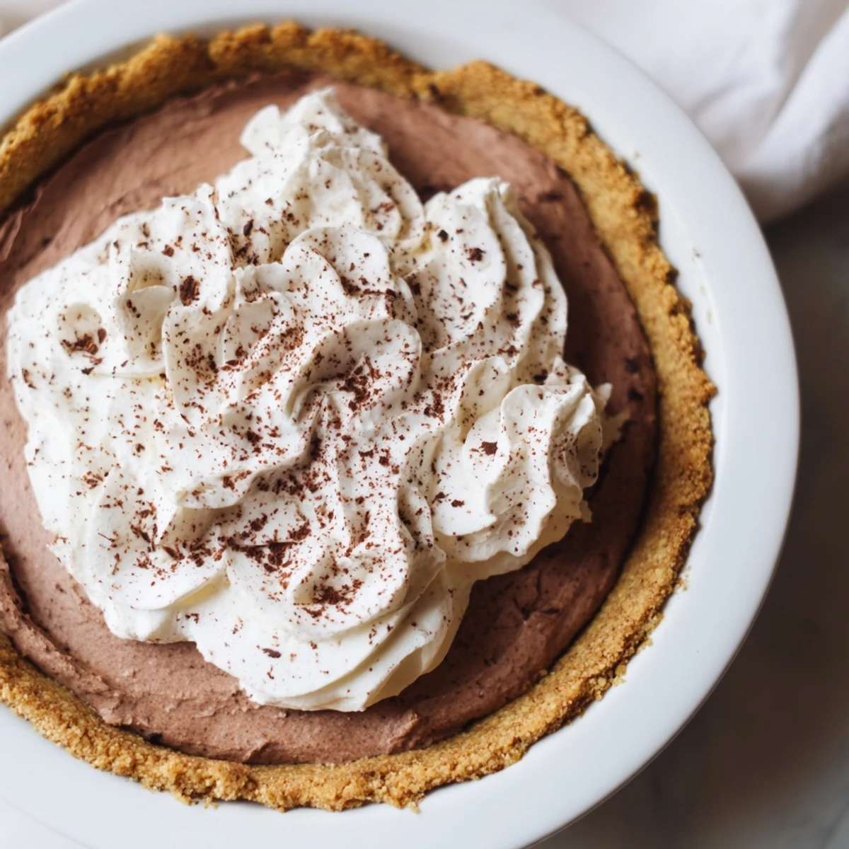 The finished Keto Cold Brew Coffee Pie shows a creamy slice with a golden almond flour crust and a dollop of whipped cream on top.  