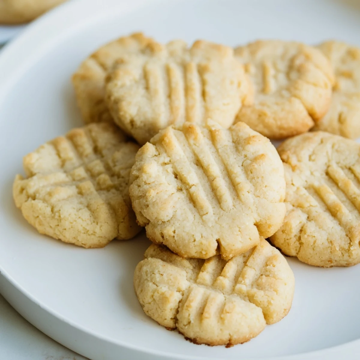 Freshly baked Keto Butter Cookies are arranged on a white plate, perfect for serving with coffee or tea.
