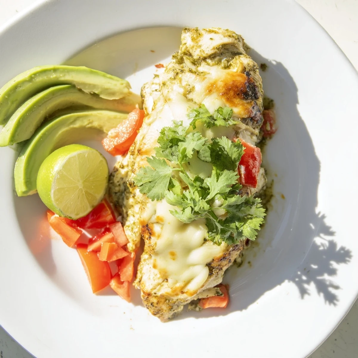 A close-up of the Grilled Salsa Verde Pepper Jack Chicken with bubbling cheese and diced tomatoes garnish.
