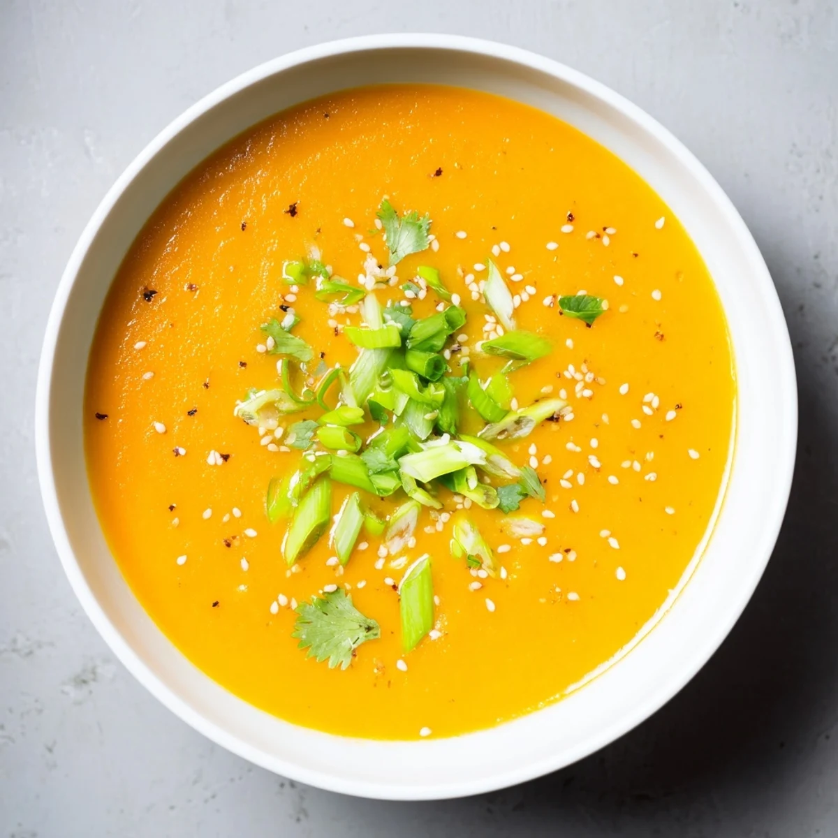 A comforting, warming bowl of Spicy Miso Carrot Soup topped with sesame seeds and scallions.