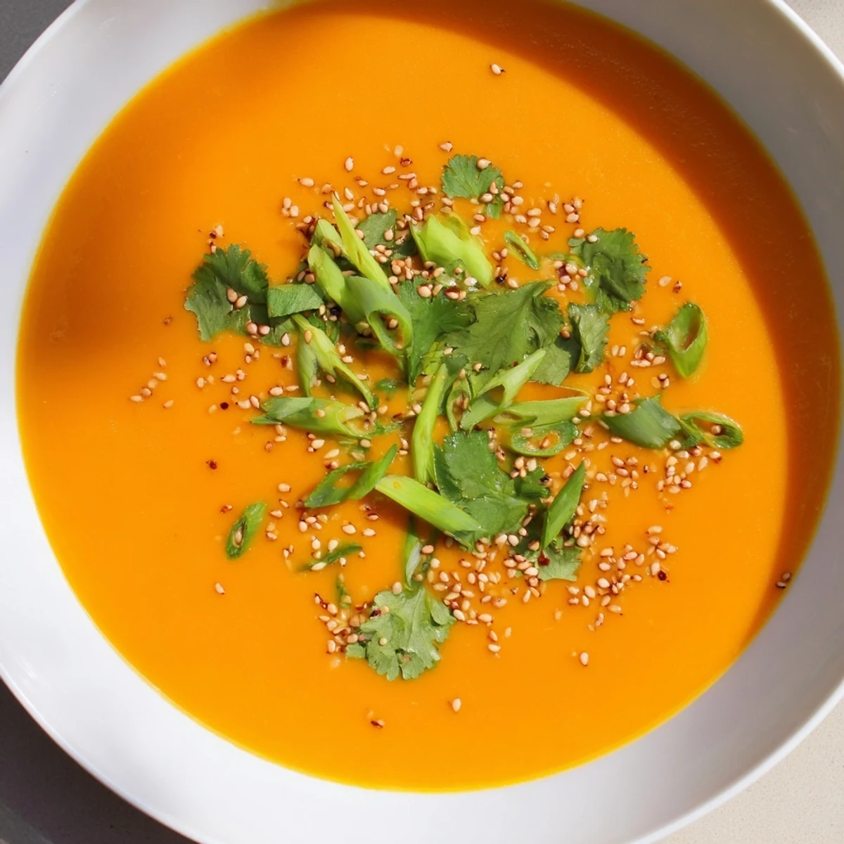 Steaming bowl of Spicy Miso Carrot Soup with bright orange hue and fresh cilantro garnish.