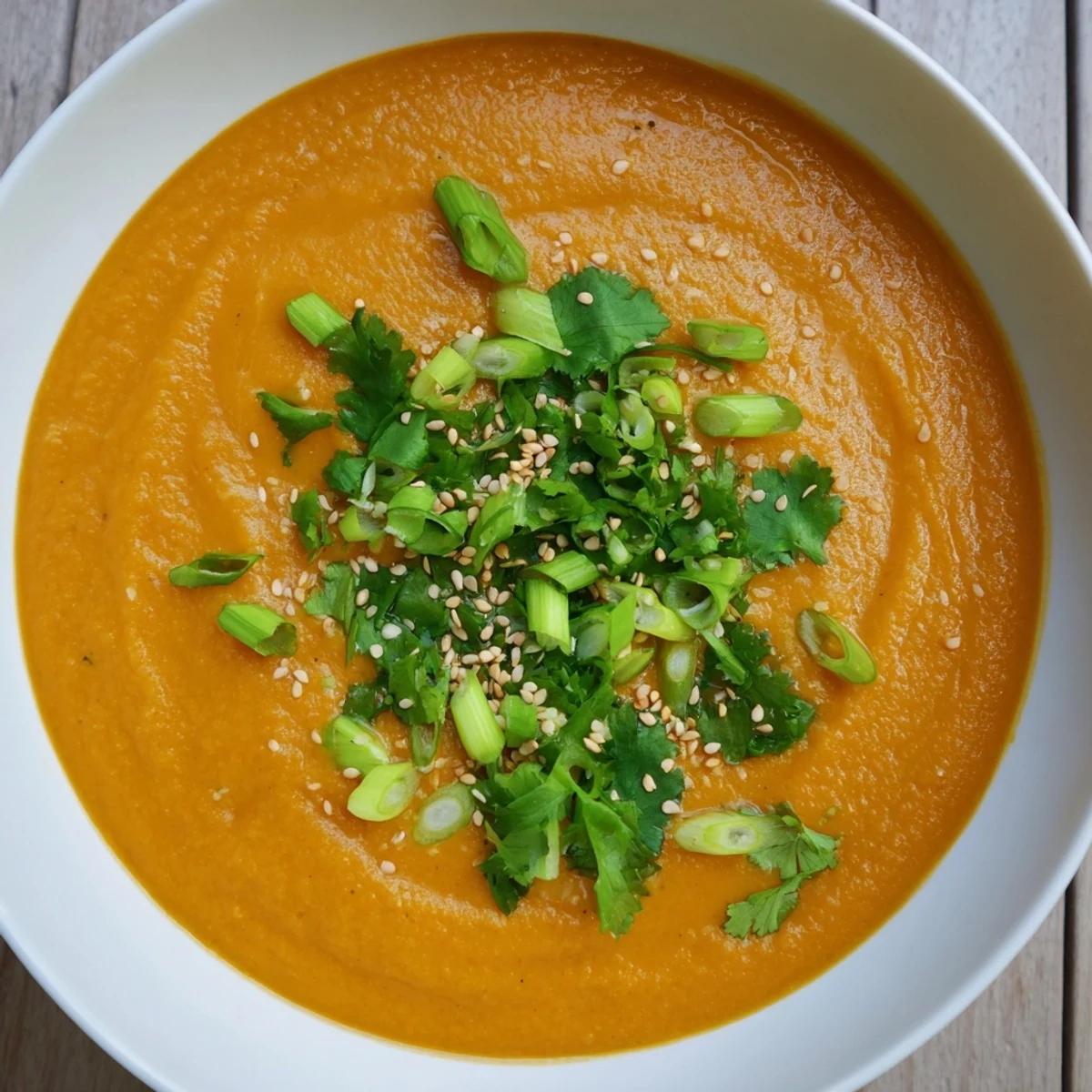 Vibrant vegan Spicy Miso Carrot Soup served in a rustic ceramic bowl with a spoon nearby.