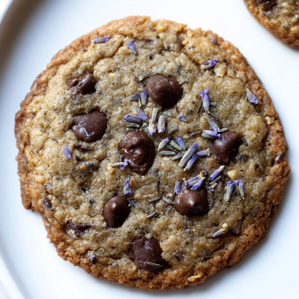 Homemade Lavender Chocolate Chip Cookies glistening with sugar, perfect with milk for an afternoon treat.