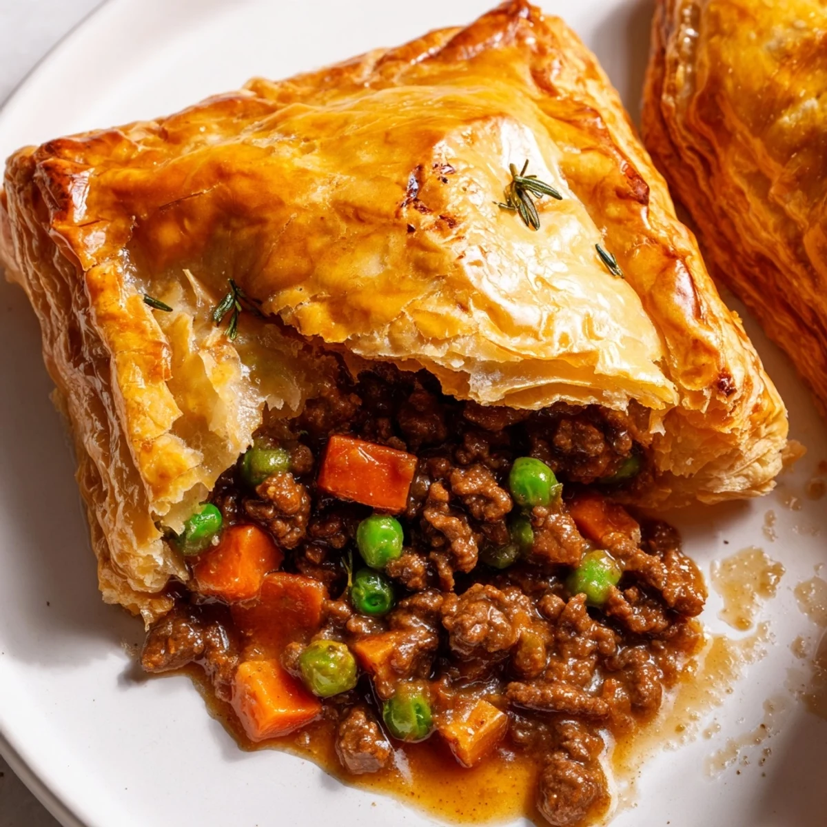 Six golden, flaky Savory Beef Meat Pies served warm in a muffin tin with steam rising.