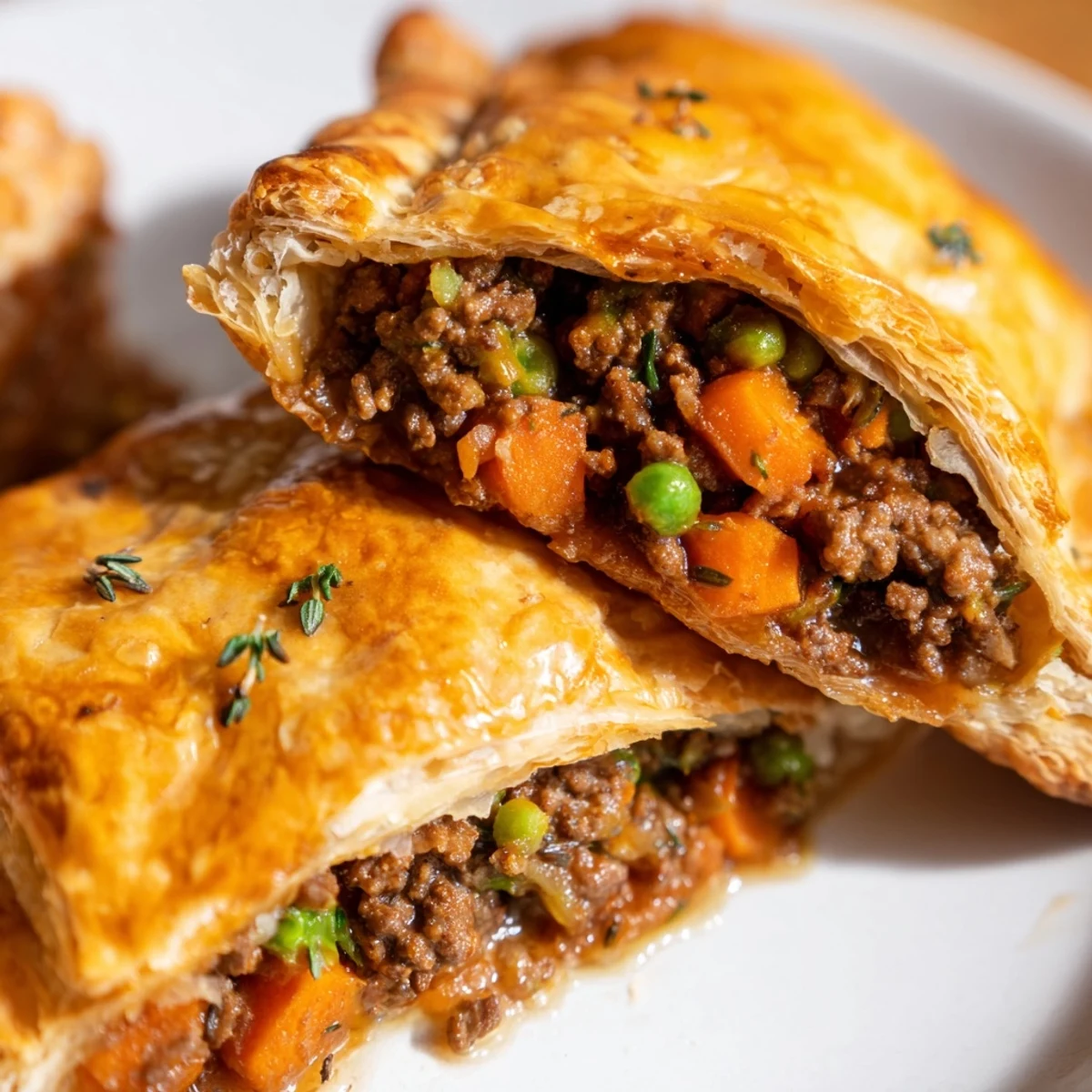 Individual Savory Beef Meat Pies rest on a cooling rack, showcasing their crispy, egg-washed crust.
