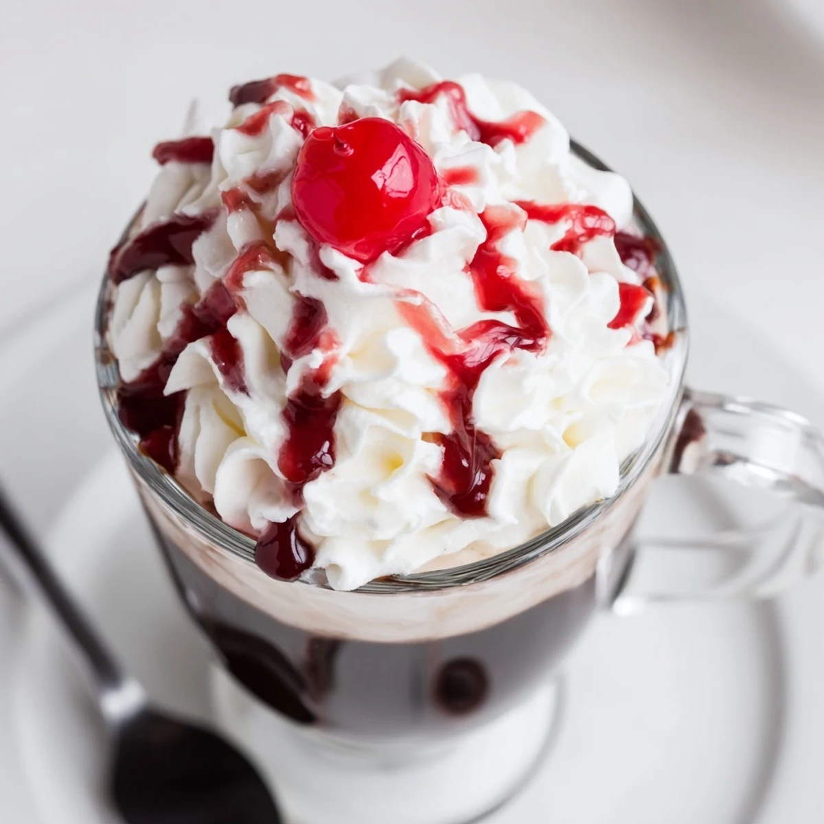 Creamy Viral Cherry Vanilla Latte with espresso and frothy milk in a mug, topped with cherries.