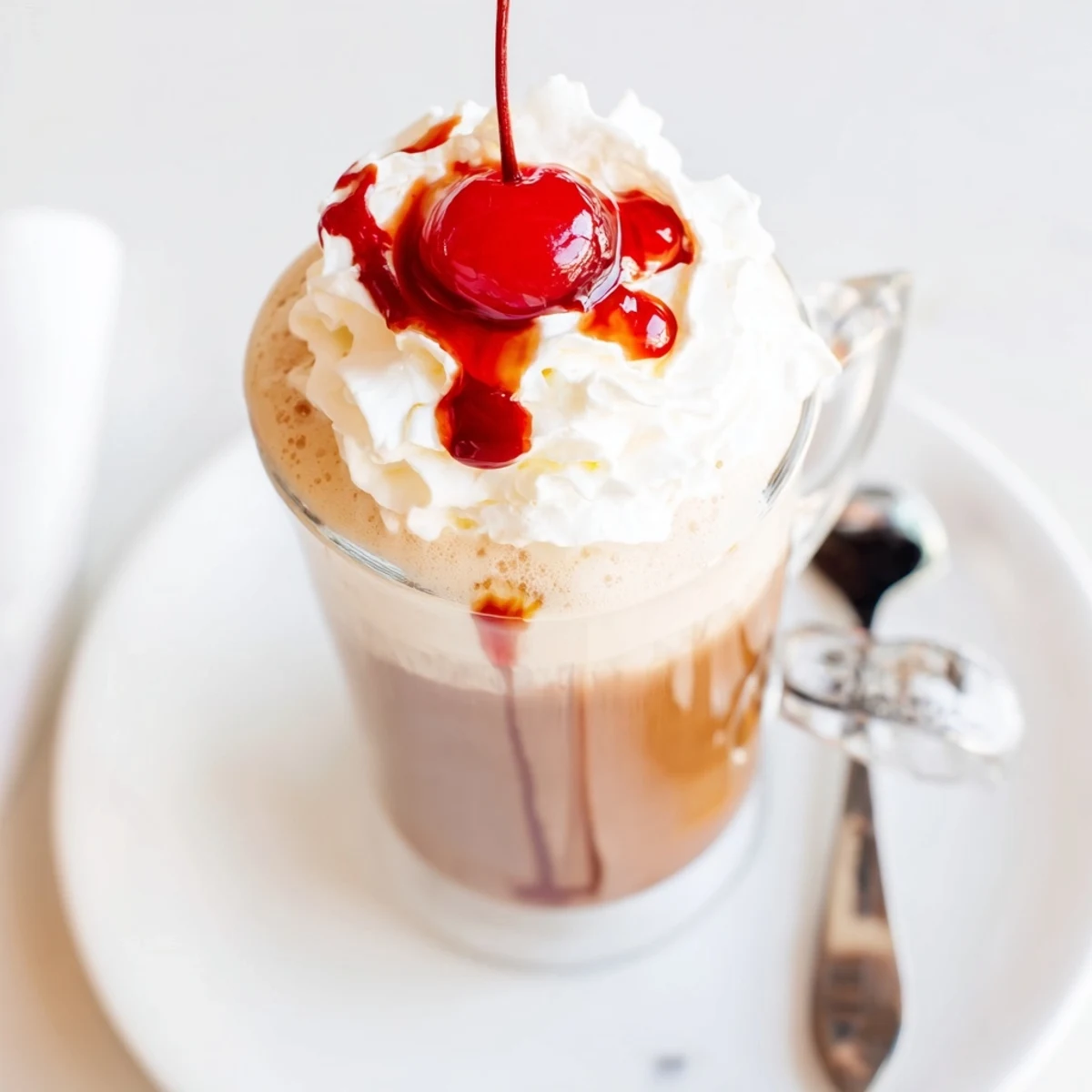 Close-up of Viral Cherry Vanilla Latte with whipped cream and drizzled cherry syrup, ready to enjoy.