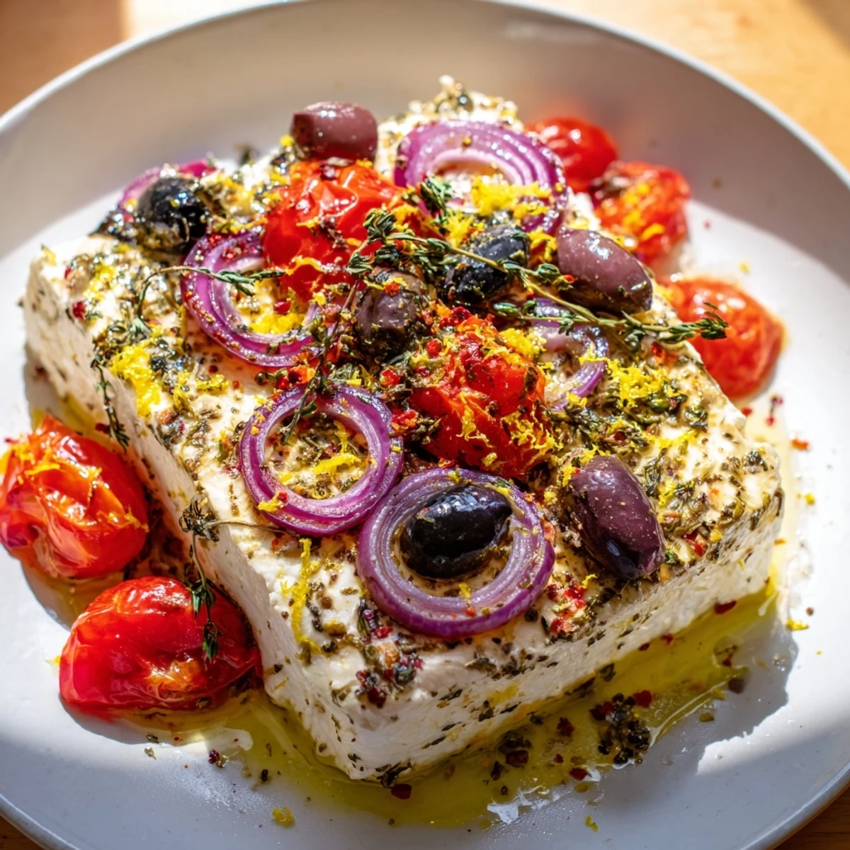 A warm Mediterranean Baked Feta Appetizer with roasted cherry tomatoes and olives beside crusty bread.