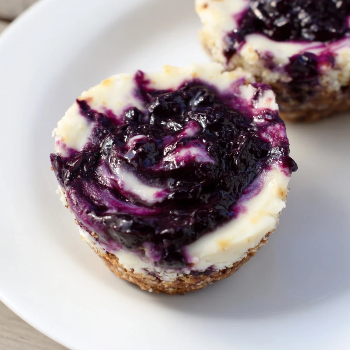 These no-bake blueberry cheesecake protein bites are arranged on a marble board with fresh berries and a drizzle of honey.
