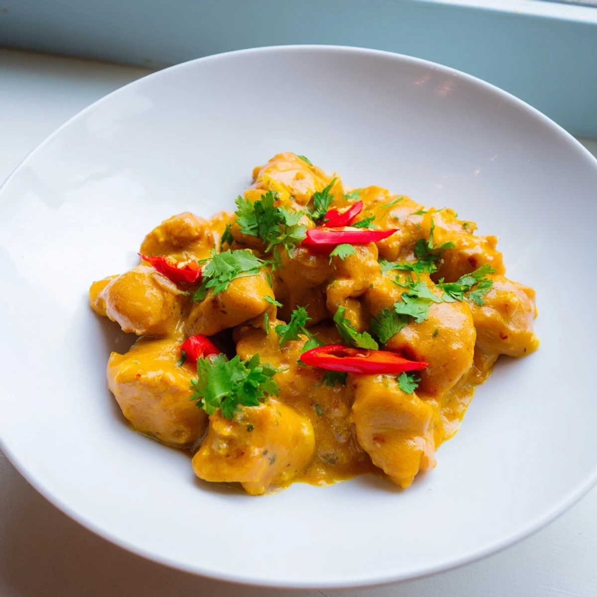A bowl of Mango Chicken Curry with tender chicken pieces swimming in a bright orange, creamy coconut and mango sauce, garnished with fresh cilantro and a side of fluffy basmati rice.
