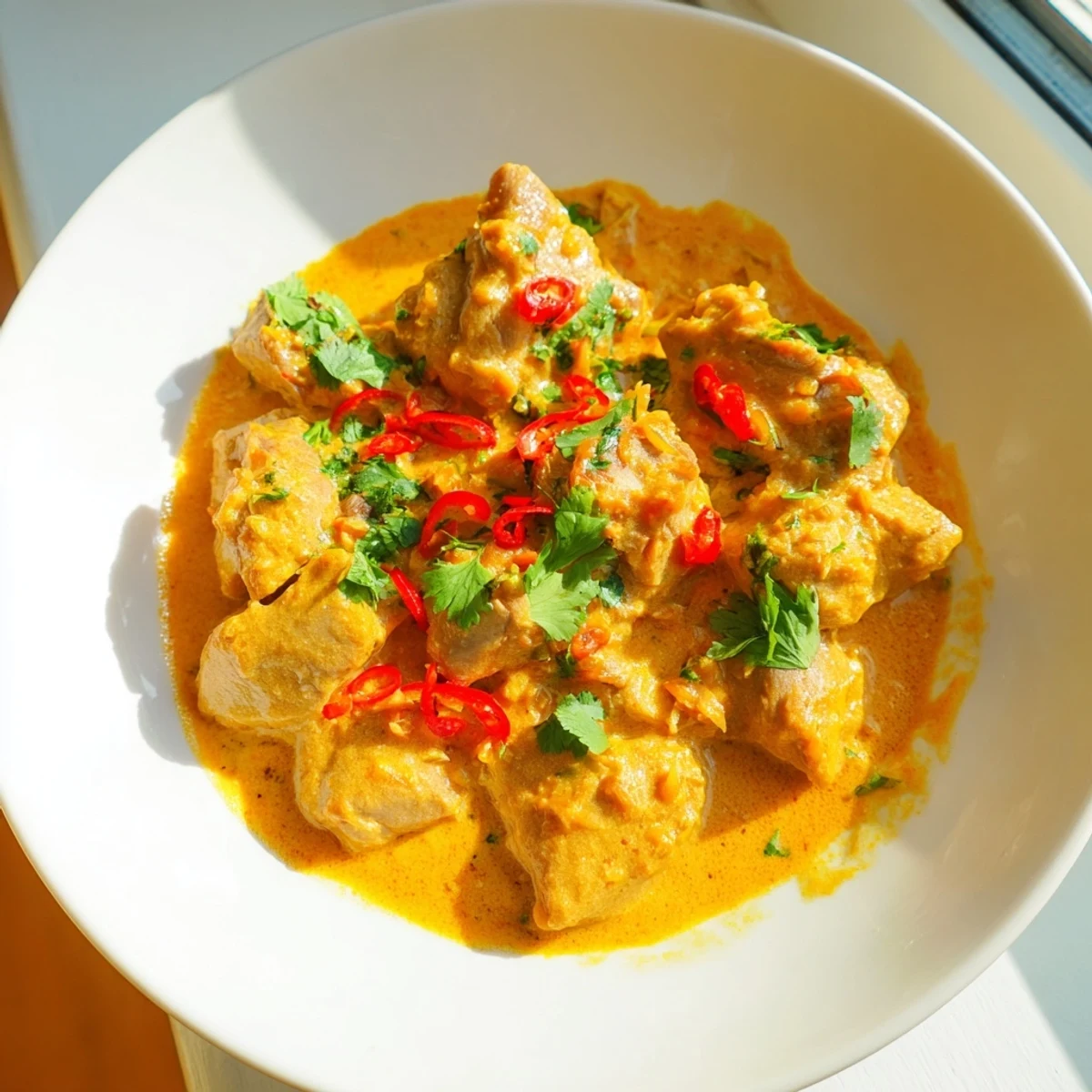 A close up view of a plate of Mango Chicken Curry, showcasing the rich golden sauce coating the chicken, with a sprinkle of red chili slices and fresh cilantro.