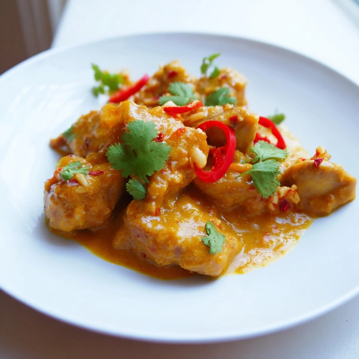 Tender chicken simmered in a fragrant mango and coconut curry sauce, served steaming hot in a ceramic bowl next to a warm piece of naan bread for dipping.